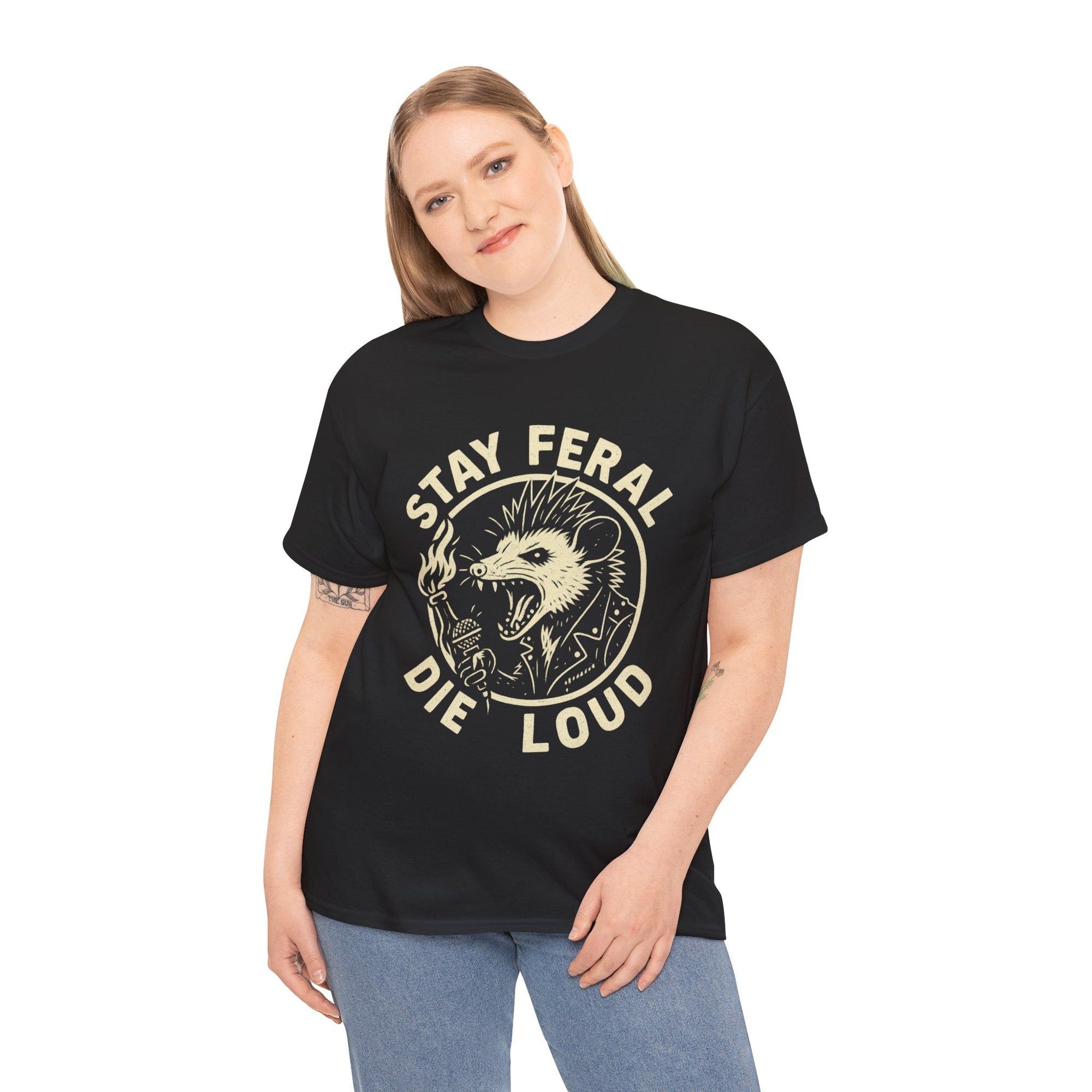 Stay Feral Die Loud Possum Punk Shirt – Trash Cult Supply Co – Gildan 5000 T-Shirt