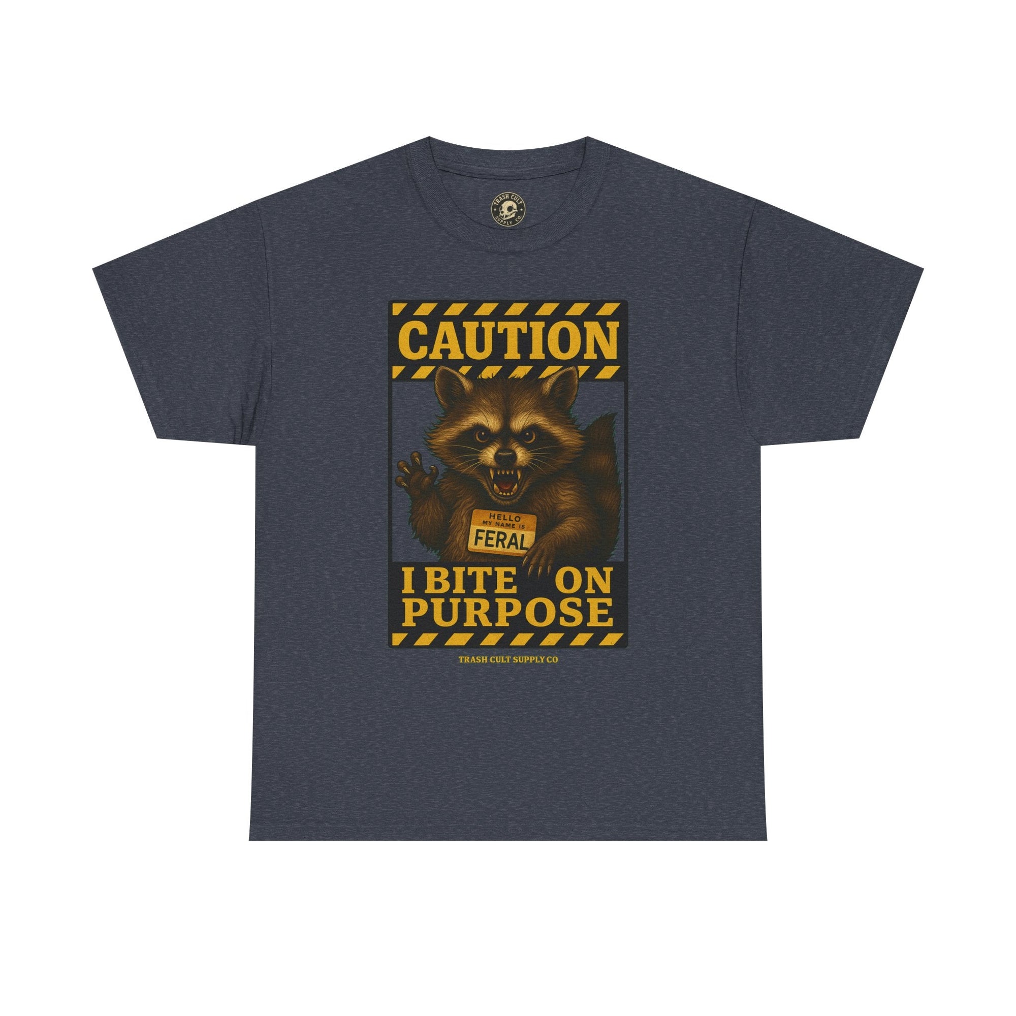 I Bite On Purpose Raccoon Warning T-Shirt – Caution Sign Style | Trash Cult Supply Co | Gildan 5000