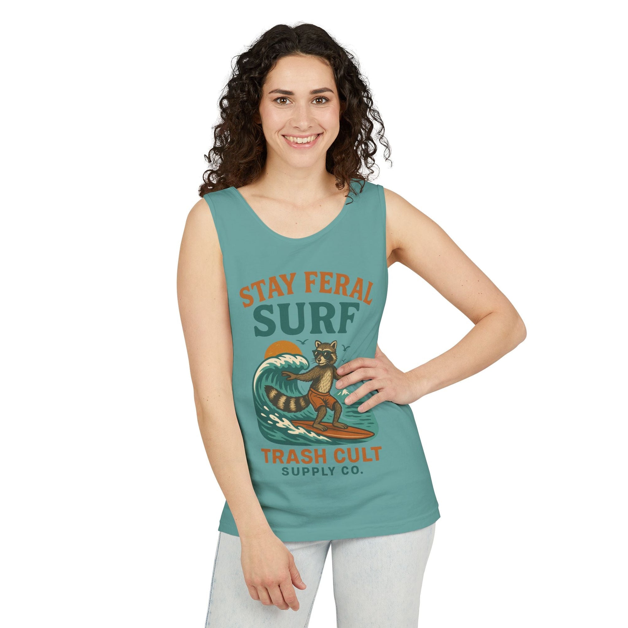 Stay Feral Surf Tank Top – Retro Raccoon Beach Tank – Trash Cult Supply Co – Comfort Colors 9360