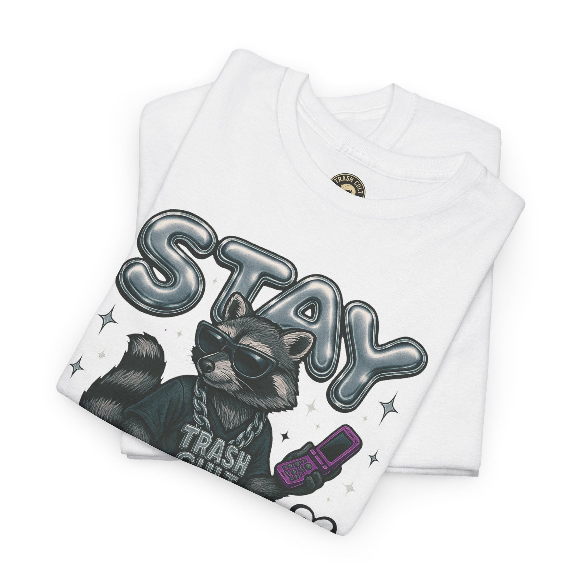 Stay Feral Chrome Raccoon Tee – Y2K Streetwear Trash Cult Shirt