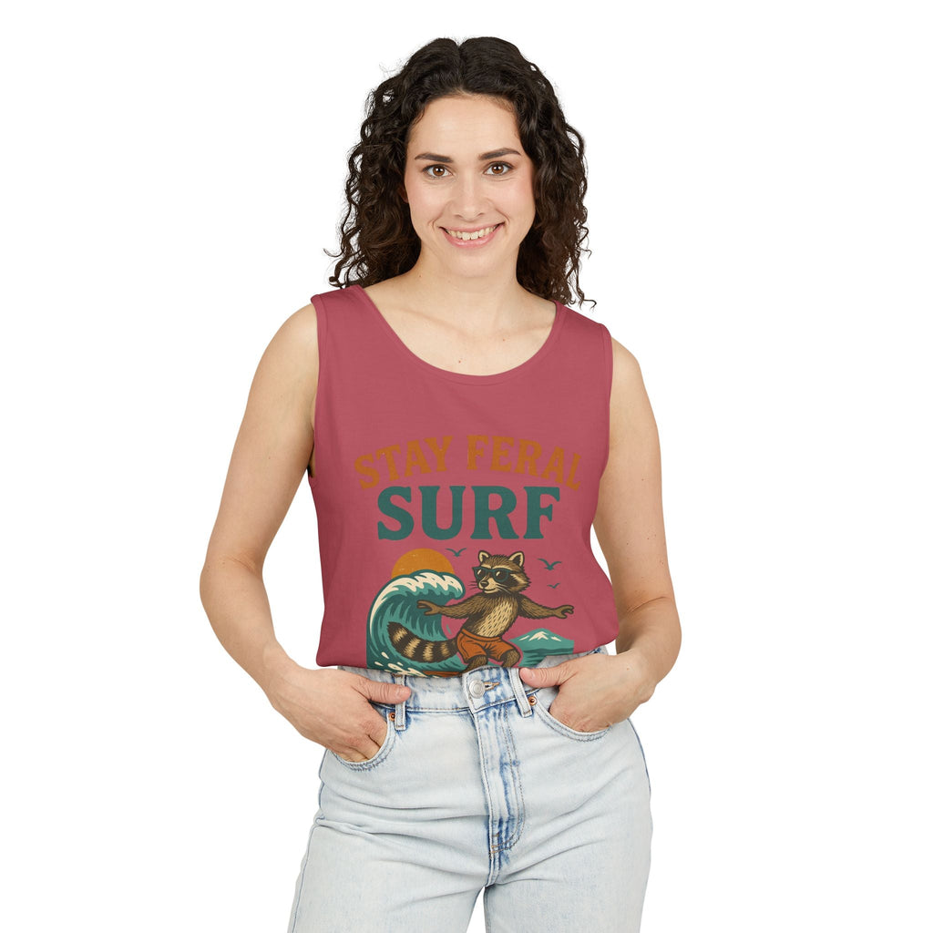 Stay Feral Surf Tank Top – Retro Raccoon Beach Tank – Trash Cult Supply Co – Comfort Colors 9360