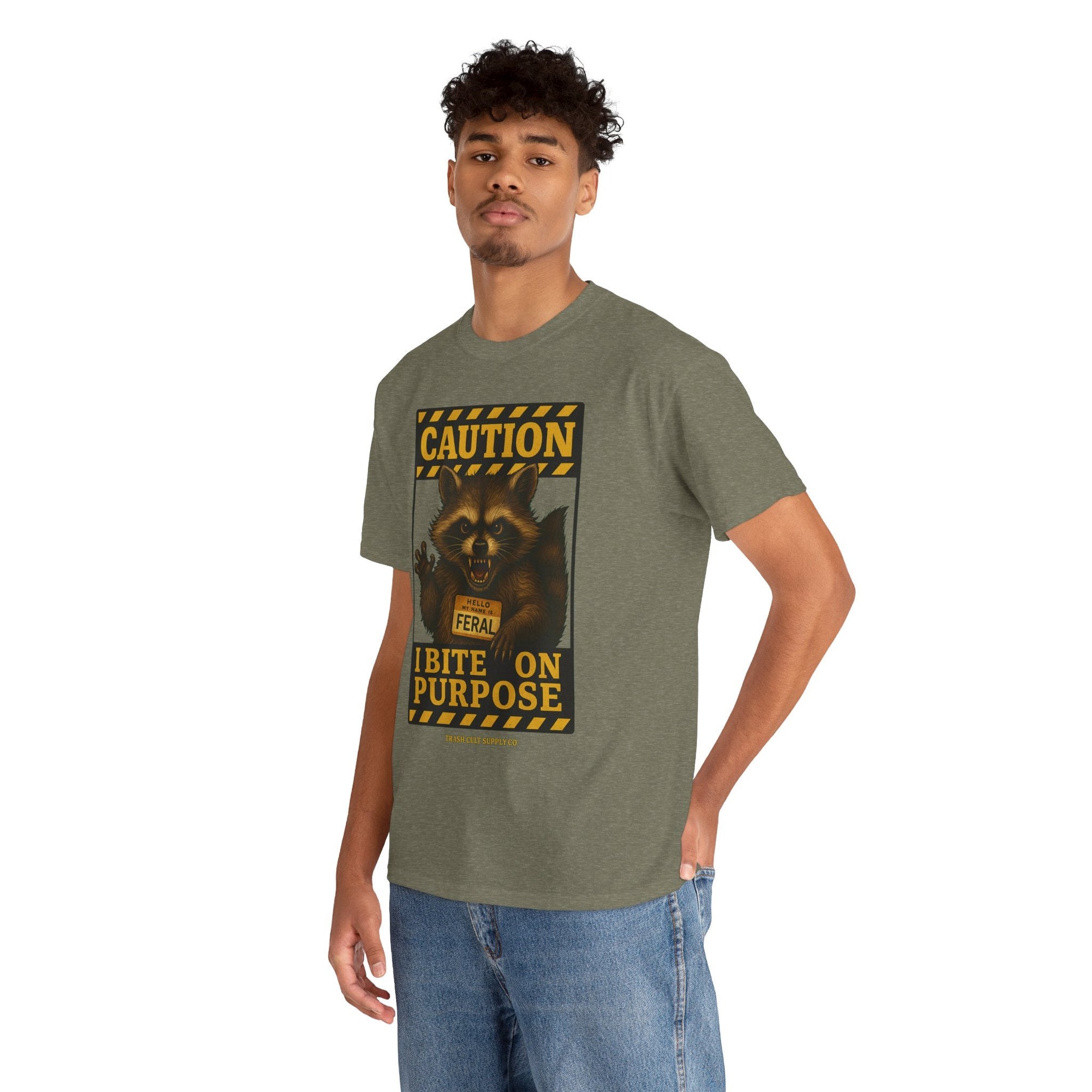 I Bite On Purpose Raccoon Warning T-Shirt – Caution Sign Style | Trash Cult Supply Co | Gildan 5000