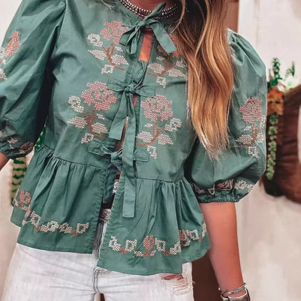 Tie Front Puff Sleeve Blouse