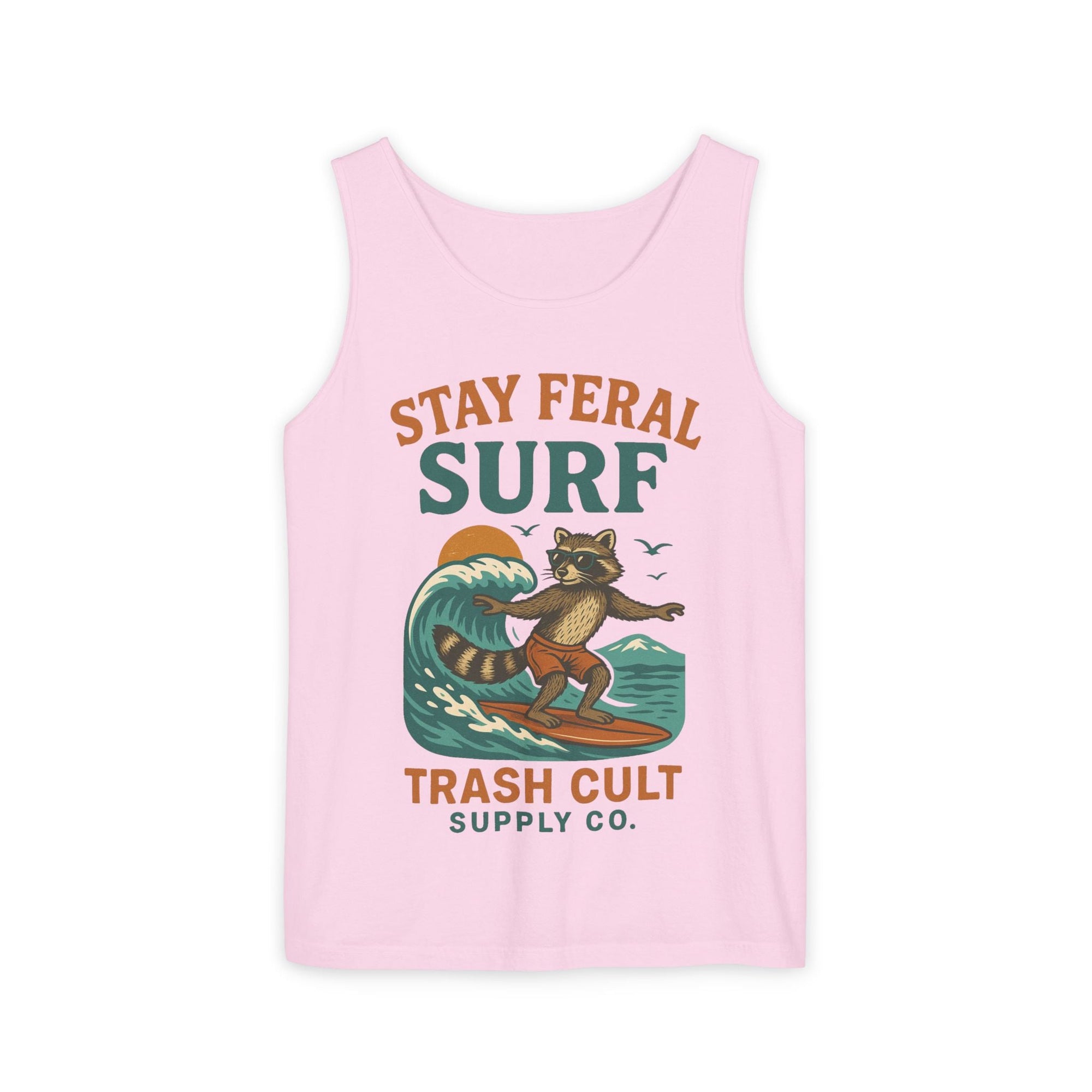 Stay Feral Surf Tank Top – Retro Raccoon Beach Tank – Trash Cult Supply Co – Comfort Colors 9360