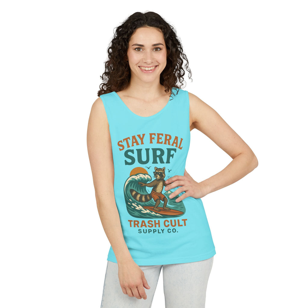 Stay Feral Surf Tank Top – Retro Raccoon Beach Tank – Trash Cult Supply Co – Comfort Colors 9360