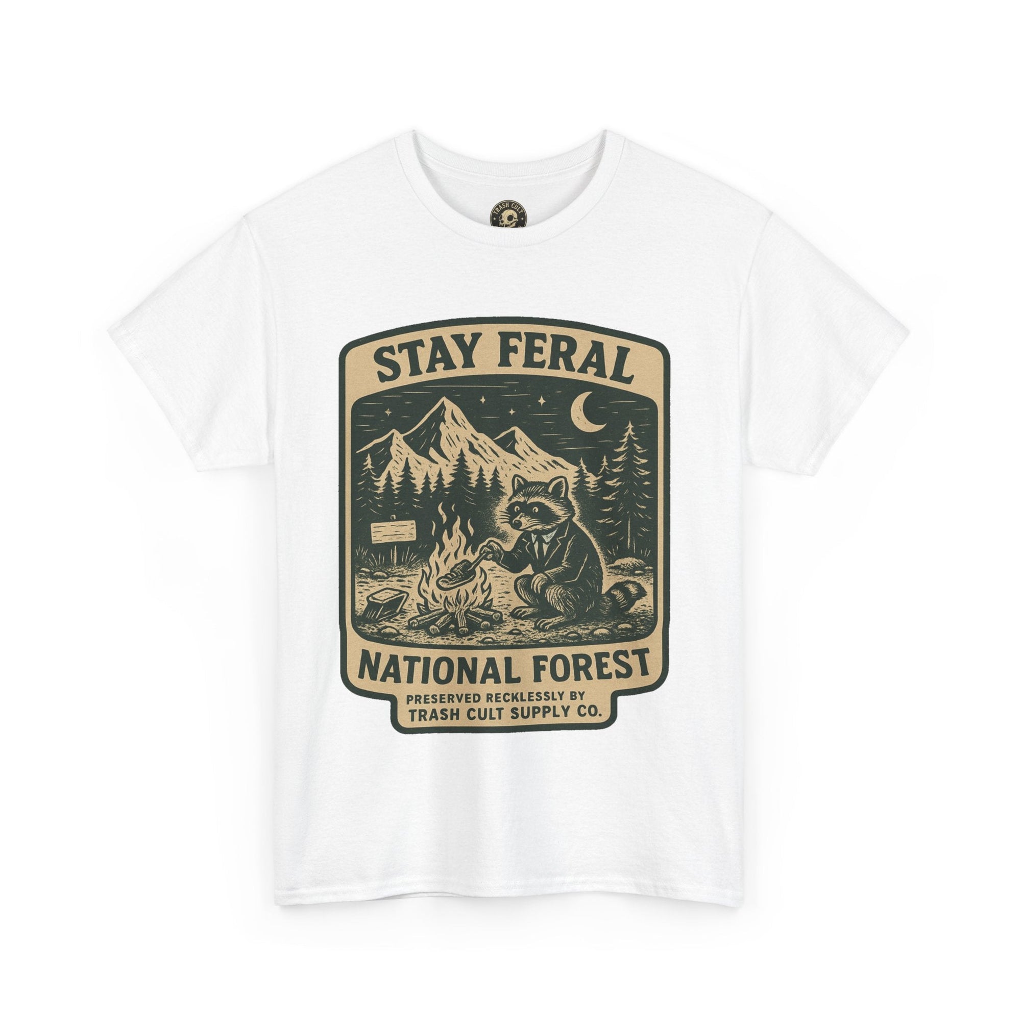 Stay Feral National Forest Shirt – Vintage Raccoon Camping Tee – Trash Cult Supply Co – Gildan 5000