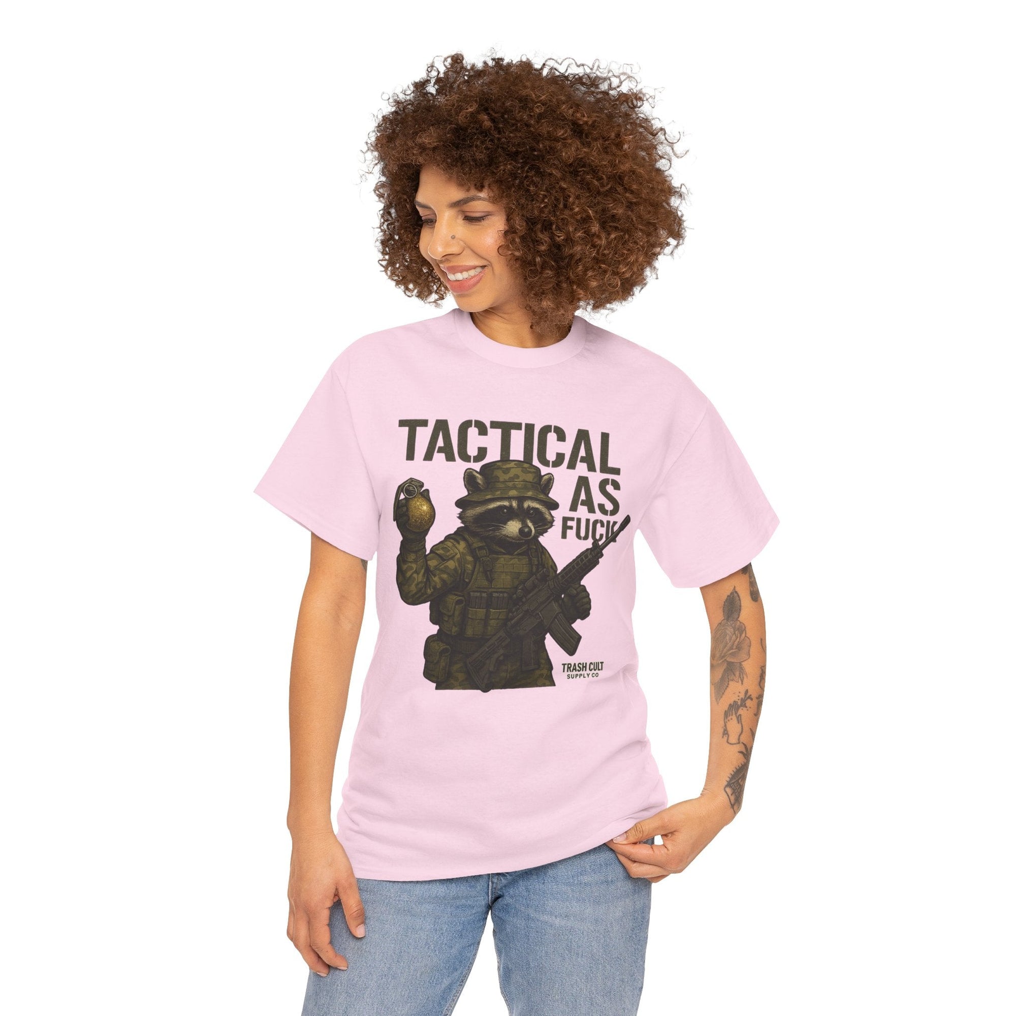 Tactical As F*** T-Shirt – Armed Raccoon Military Humor Tee | Trash Cult Supply Co. | Gildan 5000 Heavy Cotton