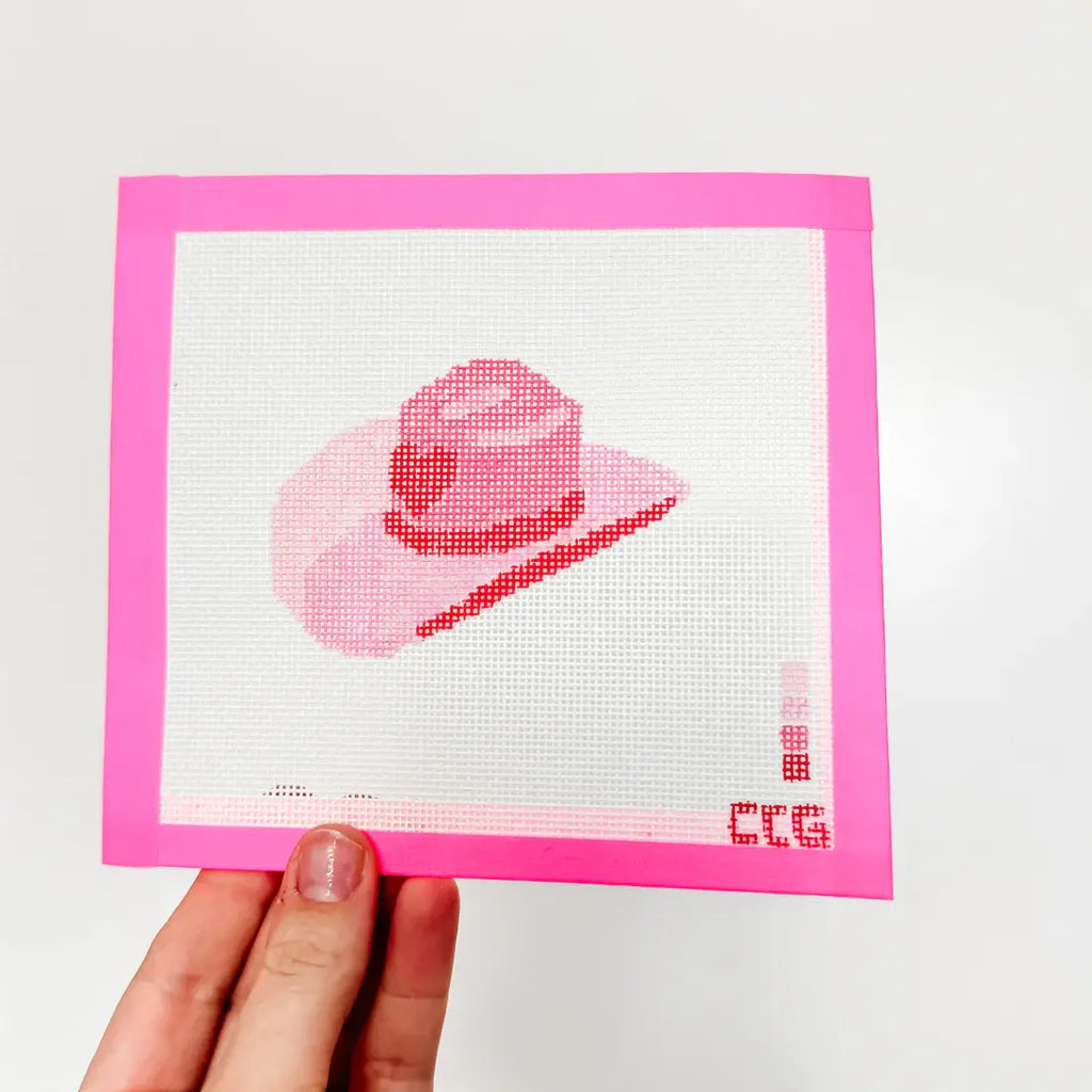 Cotswold Co Designs - Hand-Painted Pink Cowgirl Hat Needlepoint Canvas | 3” Canvas