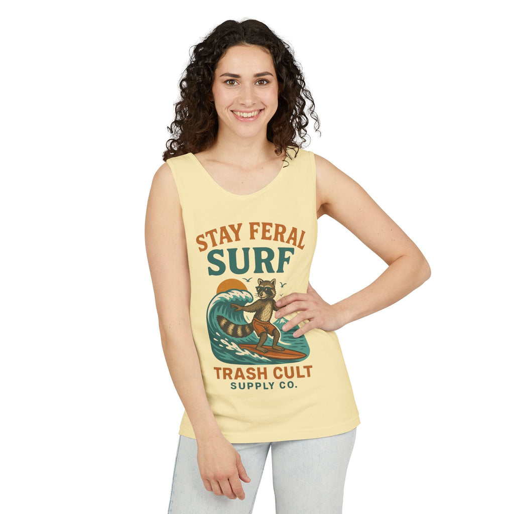 Stay Feral Surf Tank Top – Retro Raccoon Beach Tank – Trash Cult Supply Co – Comfort Colors 9360