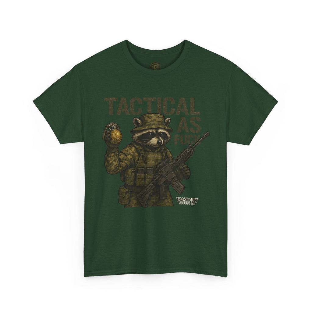 Tactical As F*** T-Shirt – Armed Raccoon Military Humor Tee | Trash Cult Supply Co. | Gildan 5000 Heavy Cotton