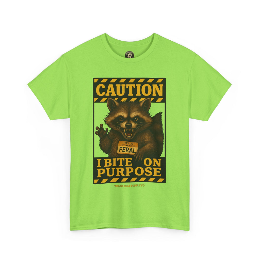 I Bite On Purpose Raccoon Warning T-Shirt – Caution Sign Style | Trash Cult Supply Co | Gildan 5000