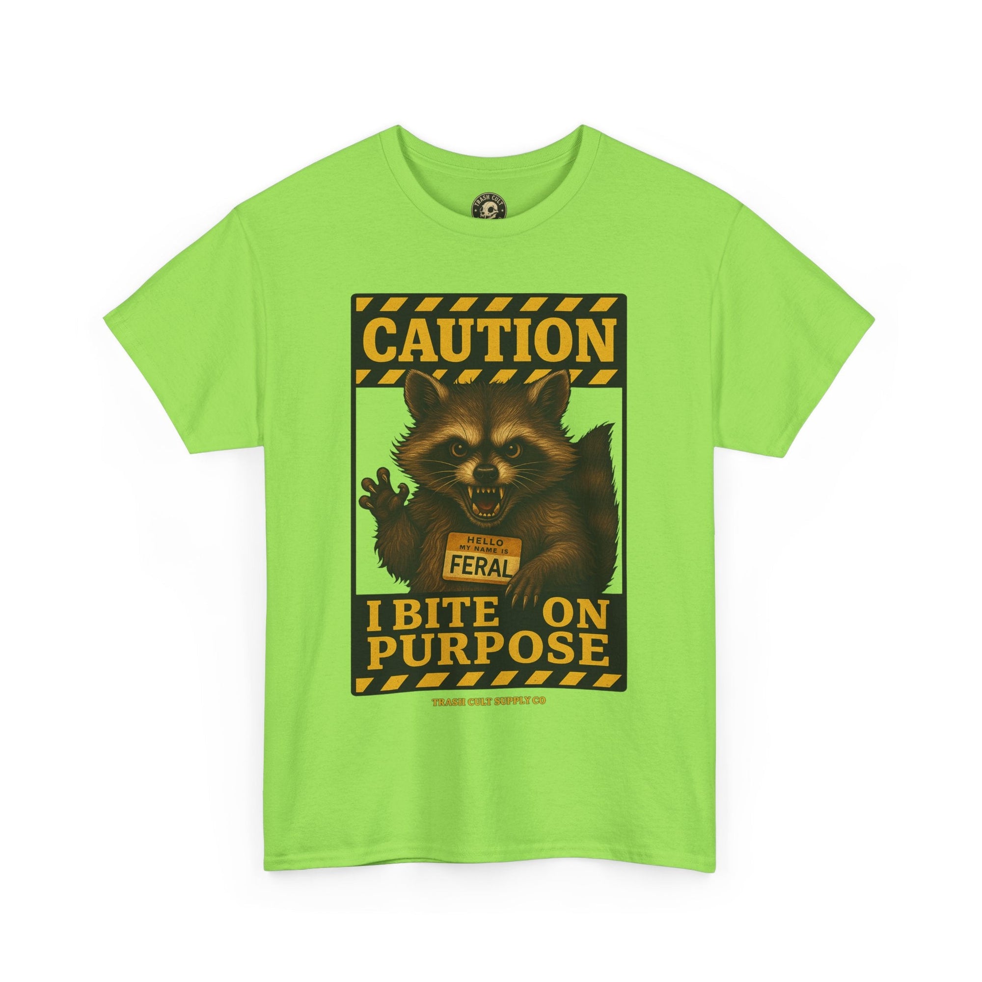 I Bite On Purpose Raccoon Warning T-Shirt – Caution Sign Style | Trash Cult Supply Co | Gildan 5000
