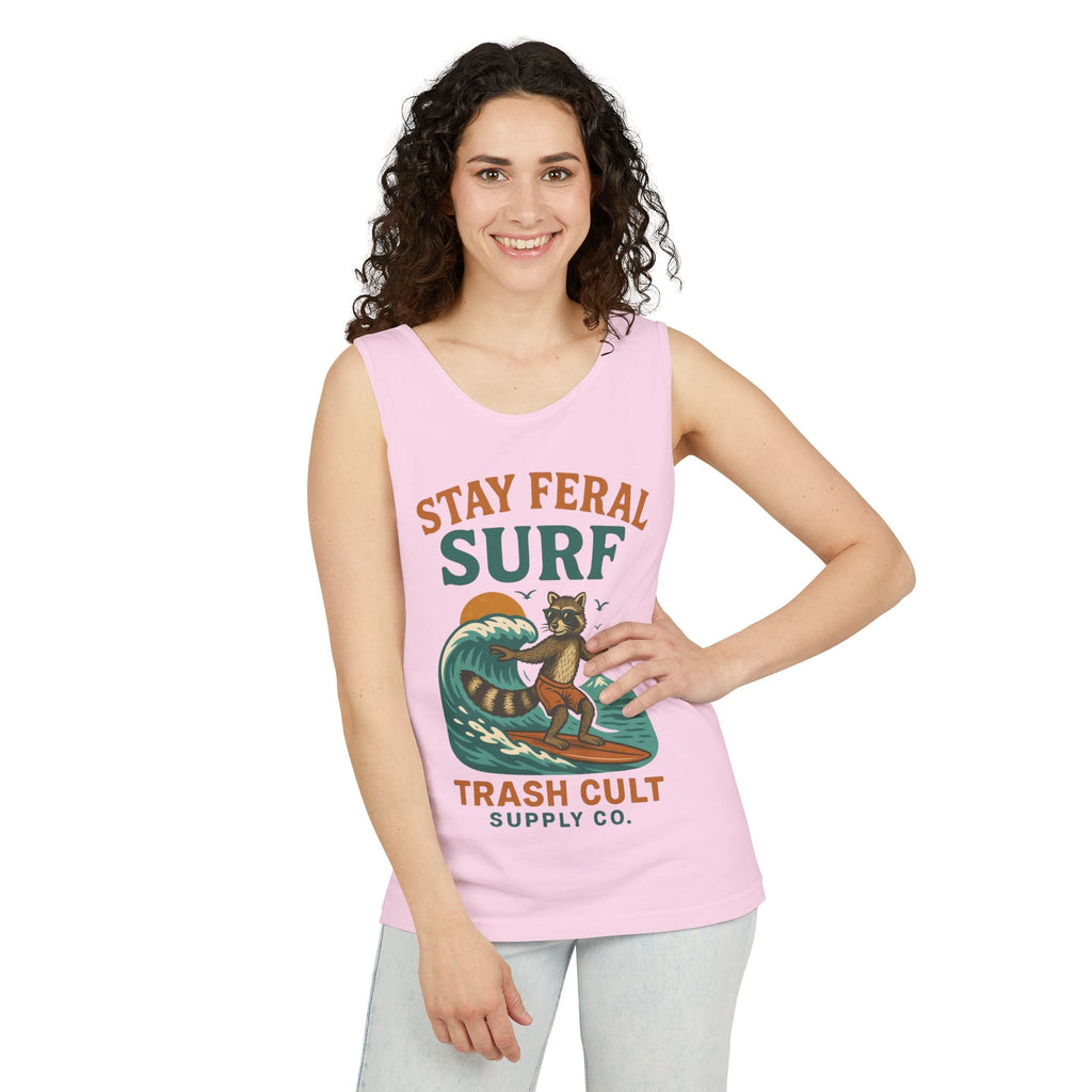 Stay Feral Surf Tank Top – Retro Raccoon Beach Tank – Trash Cult Supply Co – Comfort Colors 9360