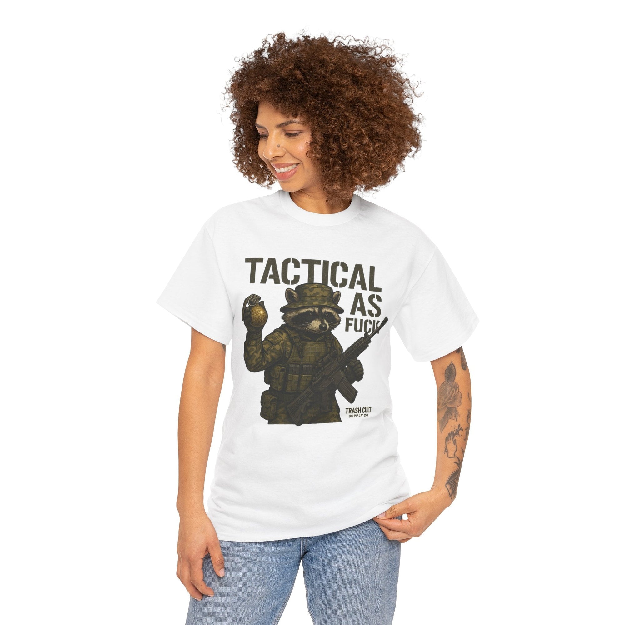 Tactical As F*** T-Shirt – Armed Raccoon Military Humor Tee | Trash Cult Supply Co. | Gildan 5000 Heavy Cotton