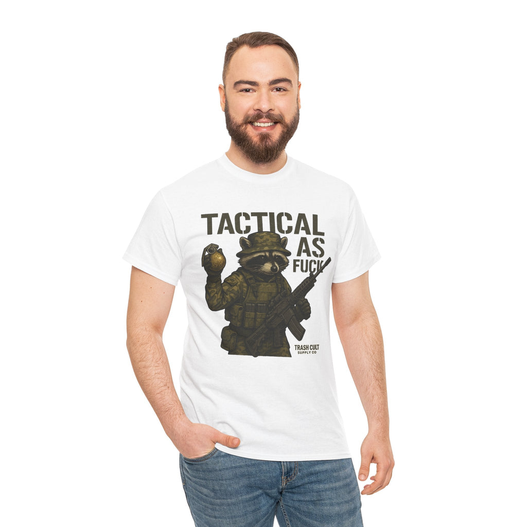 Tactical As F*** T-Shirt – Armed Raccoon Military Humor Tee | Trash Cult Supply Co. | Gildan 5000 Heavy Cotton
