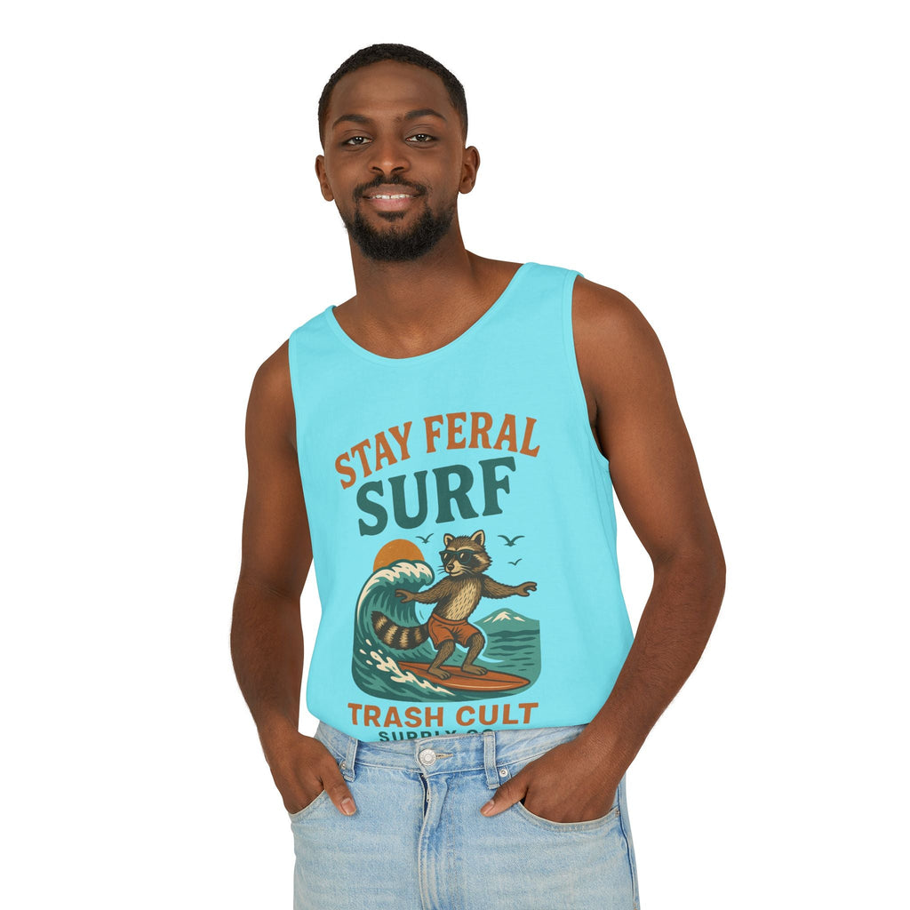 Stay Feral Surf Tank Top – Retro Raccoon Beach Tank – Trash Cult Supply Co – Comfort Colors 9360