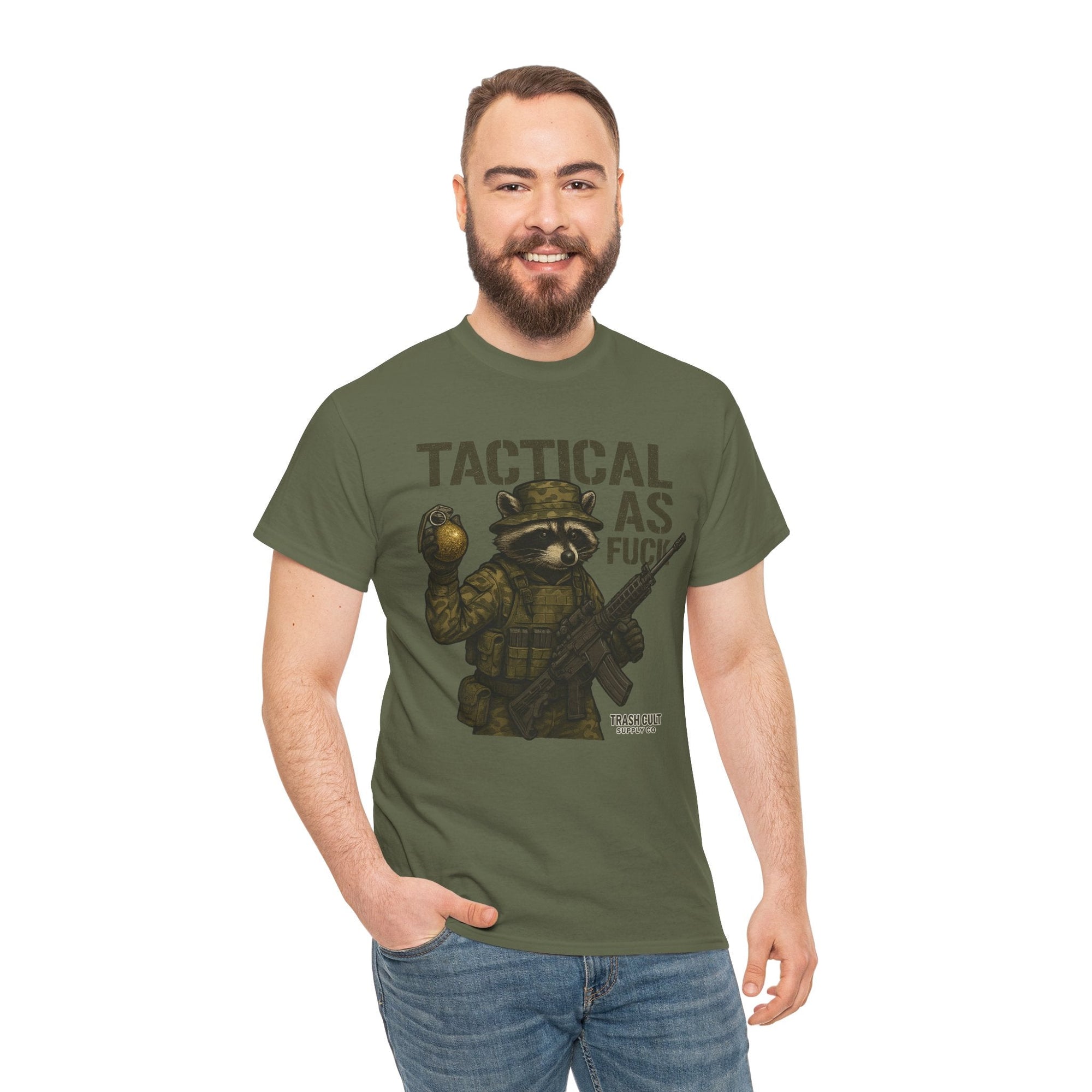 Tactical As F*** T-Shirt – Armed Raccoon Military Humor Tee | Trash Cult Supply Co. | Gildan 5000 Heavy Cotton