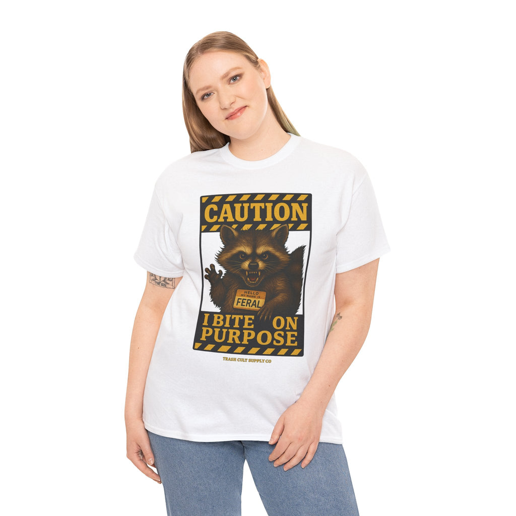 I Bite On Purpose Raccoon Warning T-Shirt – Caution Sign Style | Trash Cult Supply Co | Gildan 5000