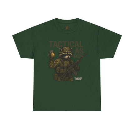 Tactical As F*** T-Shirt – Armed Raccoon Military Humor Tee | Trash Cult Supply Co. | Gildan 5000 Heavy Cotton
