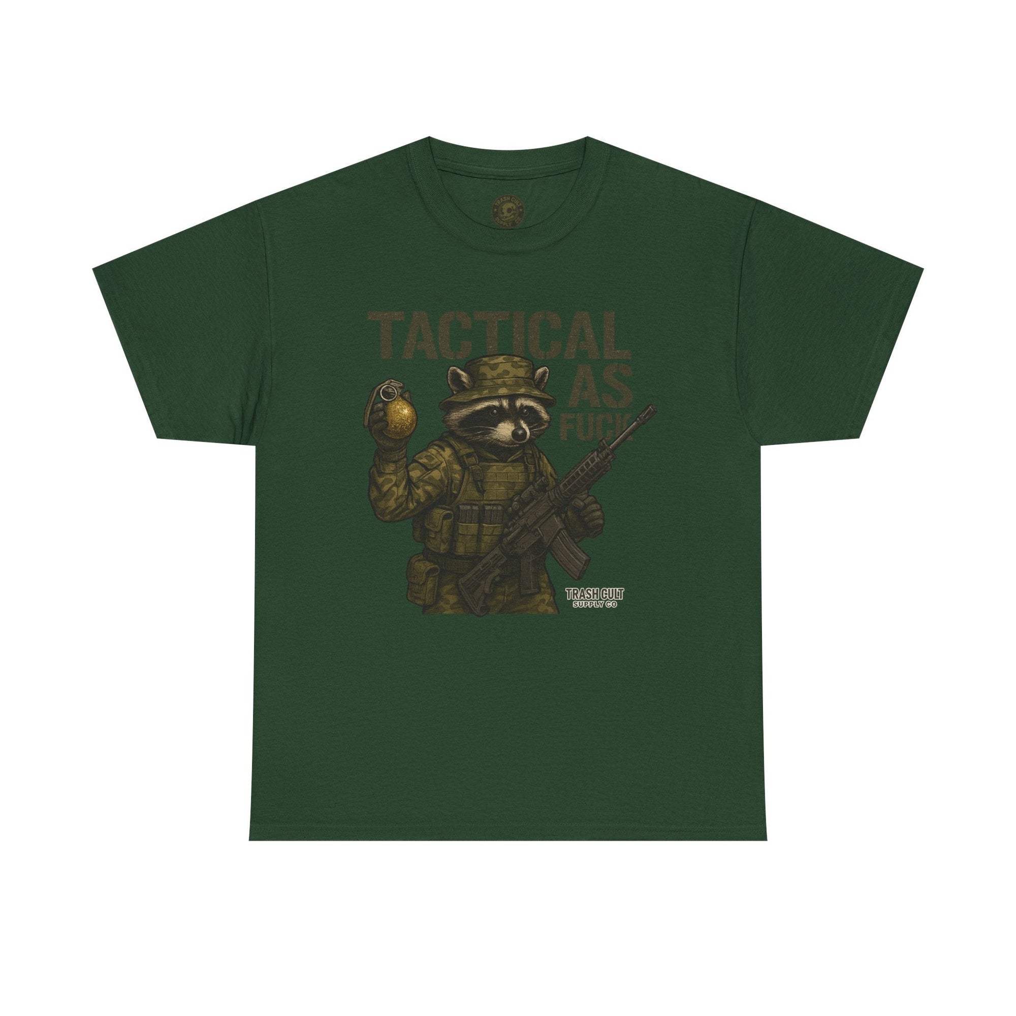 Tactical As F*** T-Shirt – Armed Raccoon Military Humor Tee | Trash Cult Supply Co. | Gildan 5000 Heavy Cotton