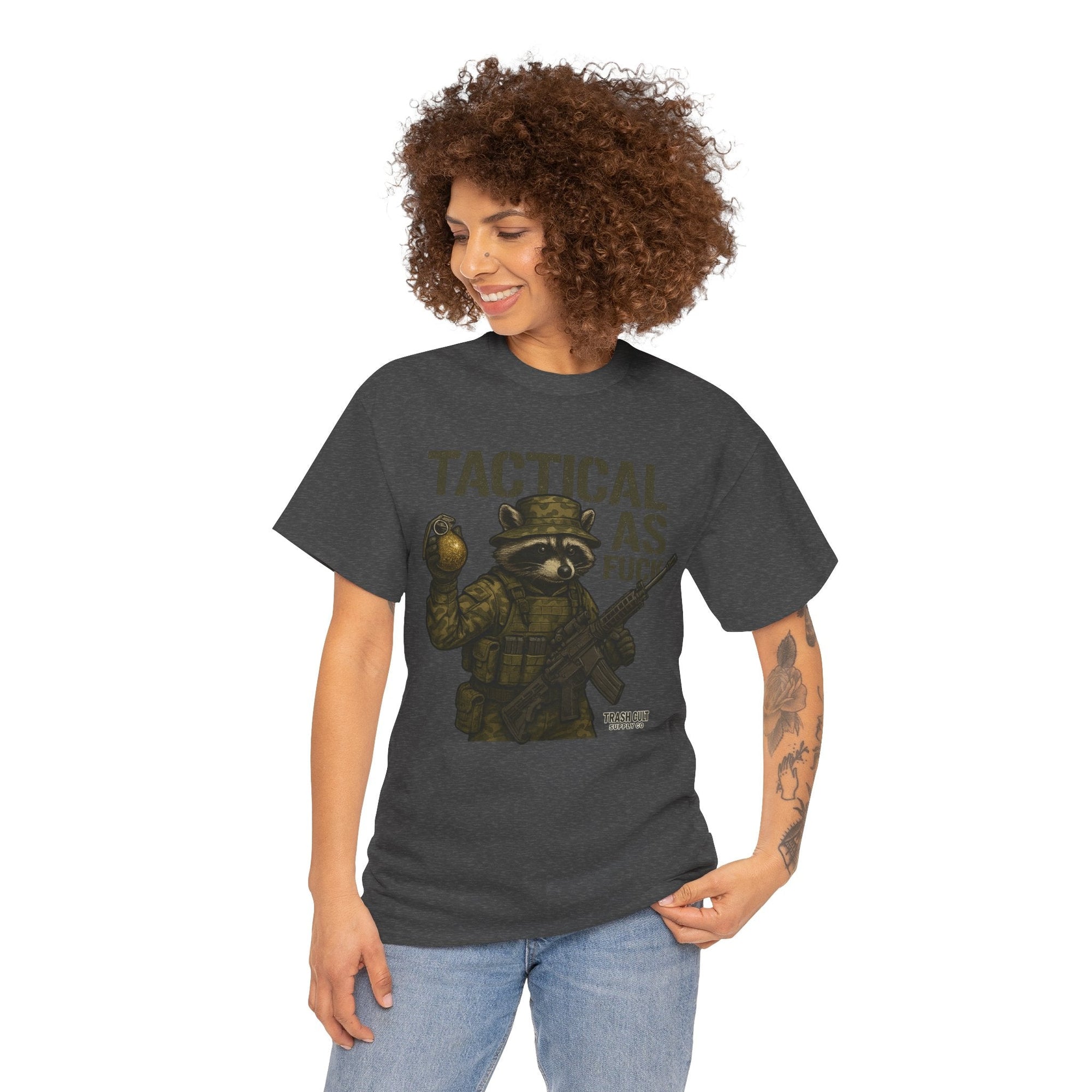 Tactical As F*** T-Shirt – Armed Raccoon Military Humor Tee | Trash Cult Supply Co. | Gildan 5000 Heavy Cotton