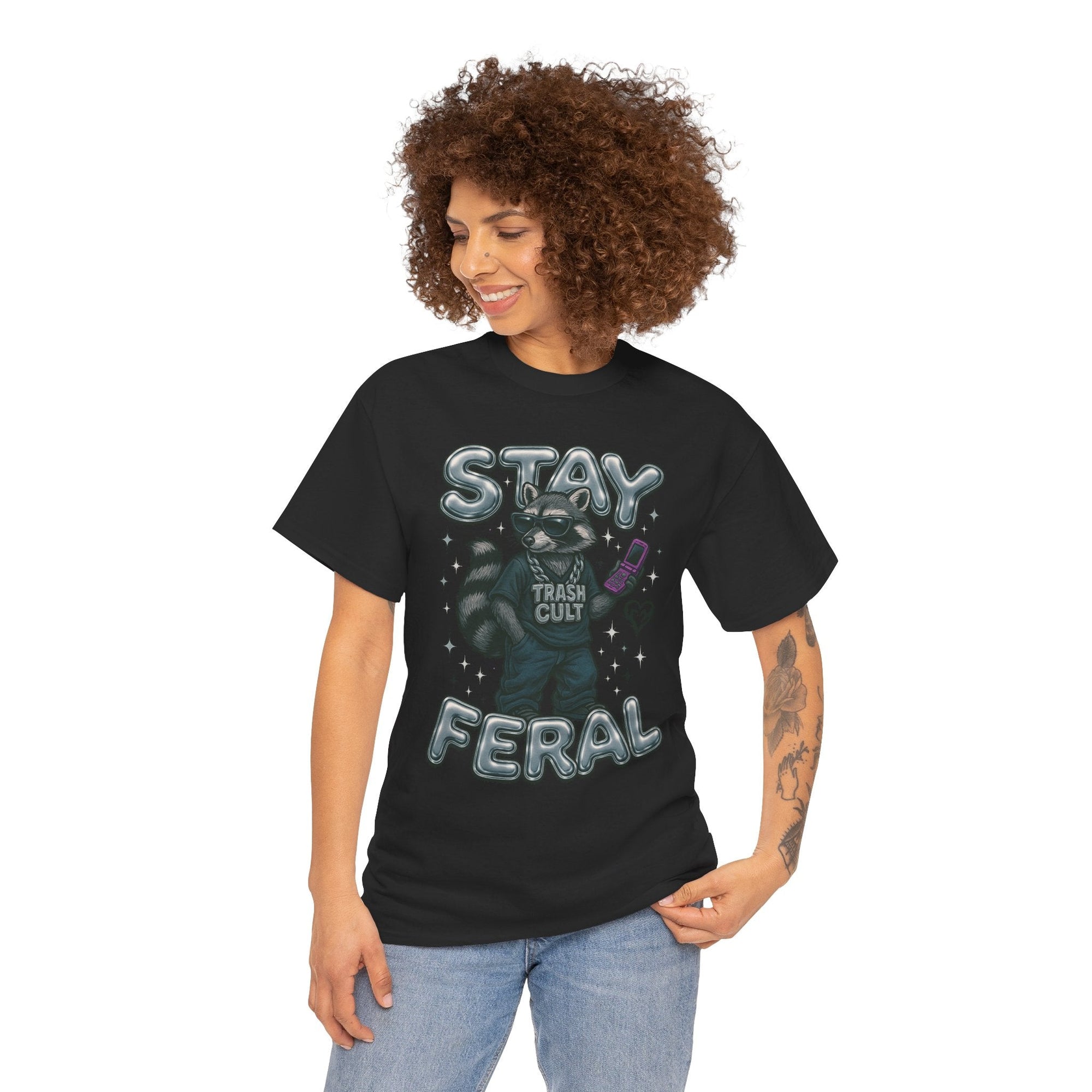 Stay Feral Chrome Raccoon Tee – Y2K Streetwear Trash Cult Shirt