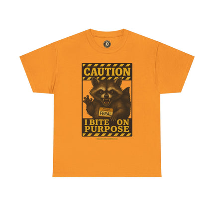 I Bite On Purpose Raccoon Warning T-Shirt – Caution Sign Style | Trash Cult Supply Co | Gildan 5000