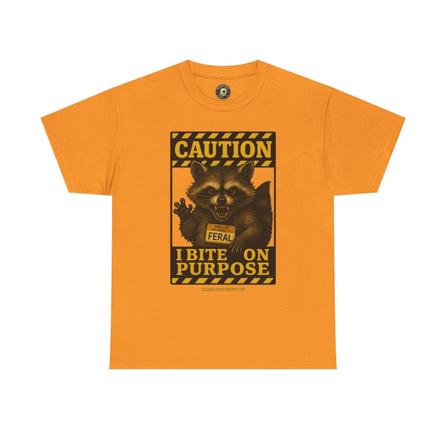 I Bite On Purpose Raccoon Warning T-Shirt – Caution Sign Style | Trash Cult Supply Co | Gildan 5000