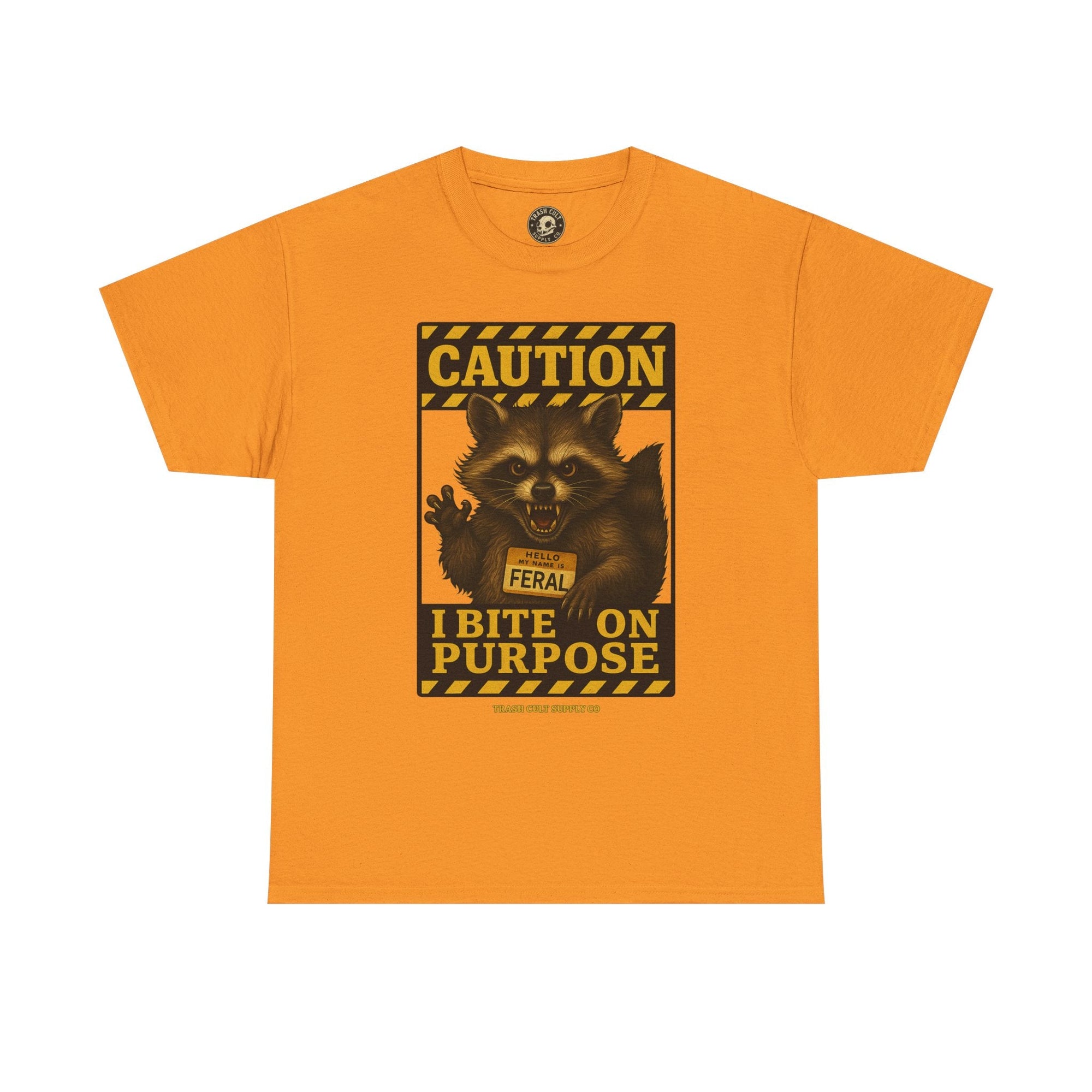 I Bite On Purpose Raccoon Warning T-Shirt – Caution Sign Style | Trash Cult Supply Co | Gildan 5000