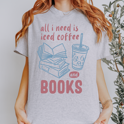 All I Need Is Iced Coffee and Books T-Shirt, Book Lover Graphic Tee, Coffee Addict Shirt for Women, Cozy Reader Tee, Caffeine & Books Gift: Blue & Purple Print