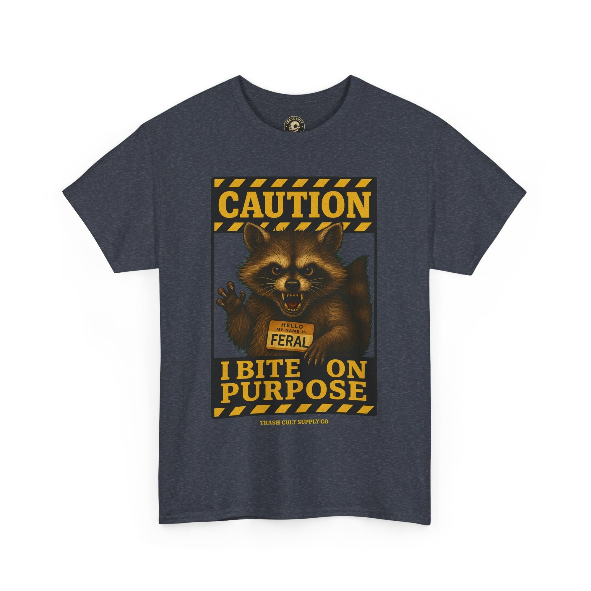 I Bite On Purpose Raccoon Warning T-Shirt – Caution Sign Style | Trash Cult Supply Co | Gildan 5000
