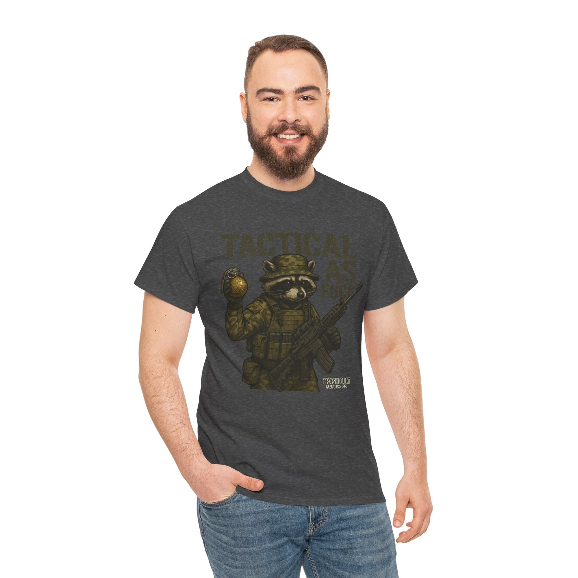 Tactical As F*** T-Shirt – Armed Raccoon Military Humor Tee | Trash Cult Supply Co. | Gildan 5000 Heavy Cotton