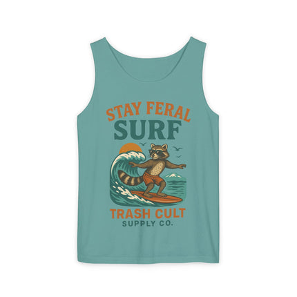 Stay Feral Surf Tank Top – Retro Raccoon Beach Tank – Trash Cult Supply Co – Comfort Colors 9360
