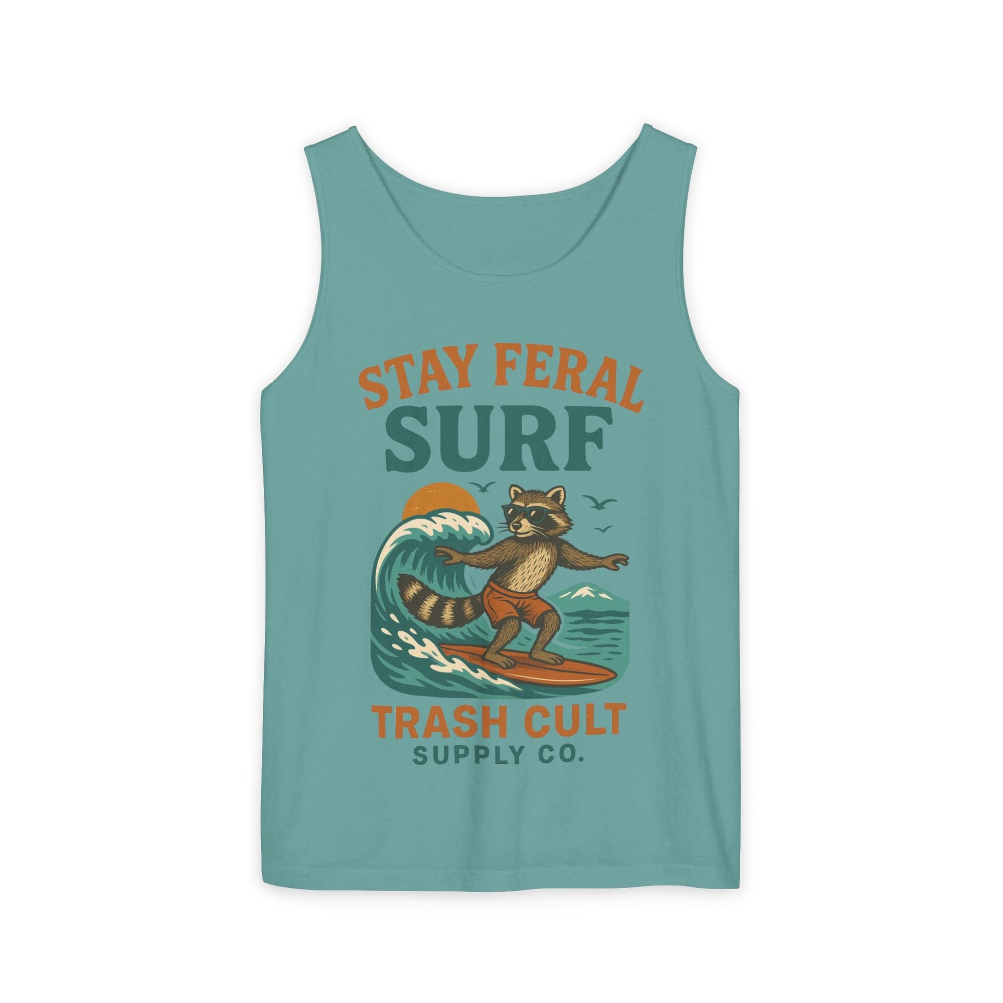 Stay Feral Surf Tank Top – Retro Raccoon Beach Tank – Trash Cult Supply Co – Comfort Colors 9360