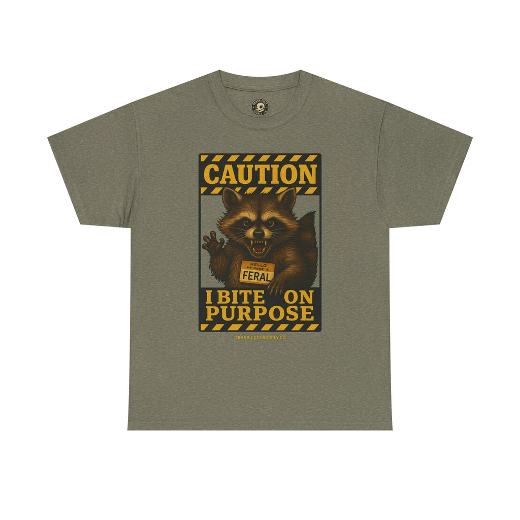 I Bite On Purpose Raccoon Warning T-Shirt – Caution Sign Style | Trash Cult Supply Co | Gildan 5000
