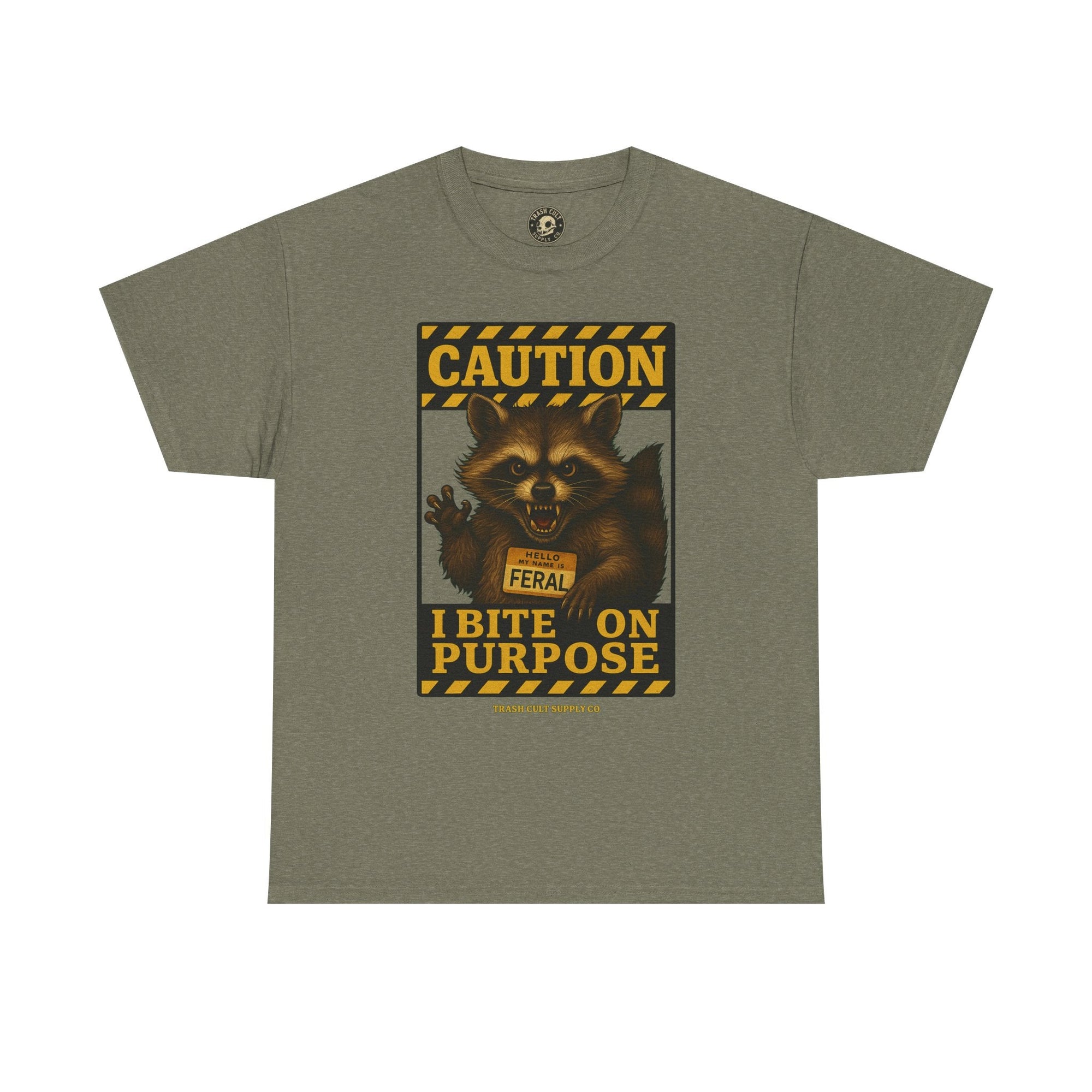 I Bite On Purpose Raccoon Warning T-Shirt – Caution Sign Style | Trash Cult Supply Co | Gildan 5000