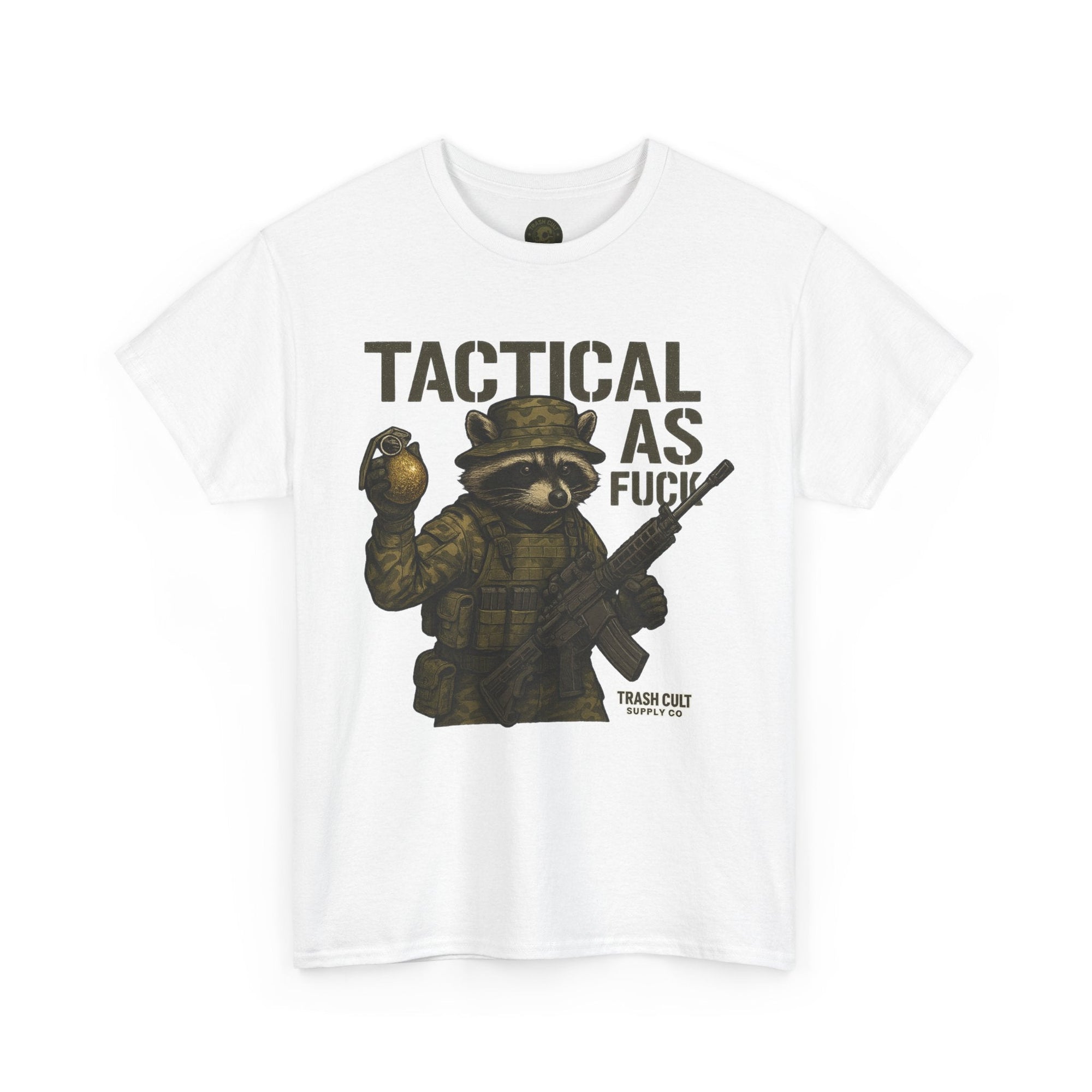 Tactical As F*** T-Shirt – Armed Raccoon Military Humor Tee | Trash Cult Supply Co. | Gildan 5000 Heavy Cotton