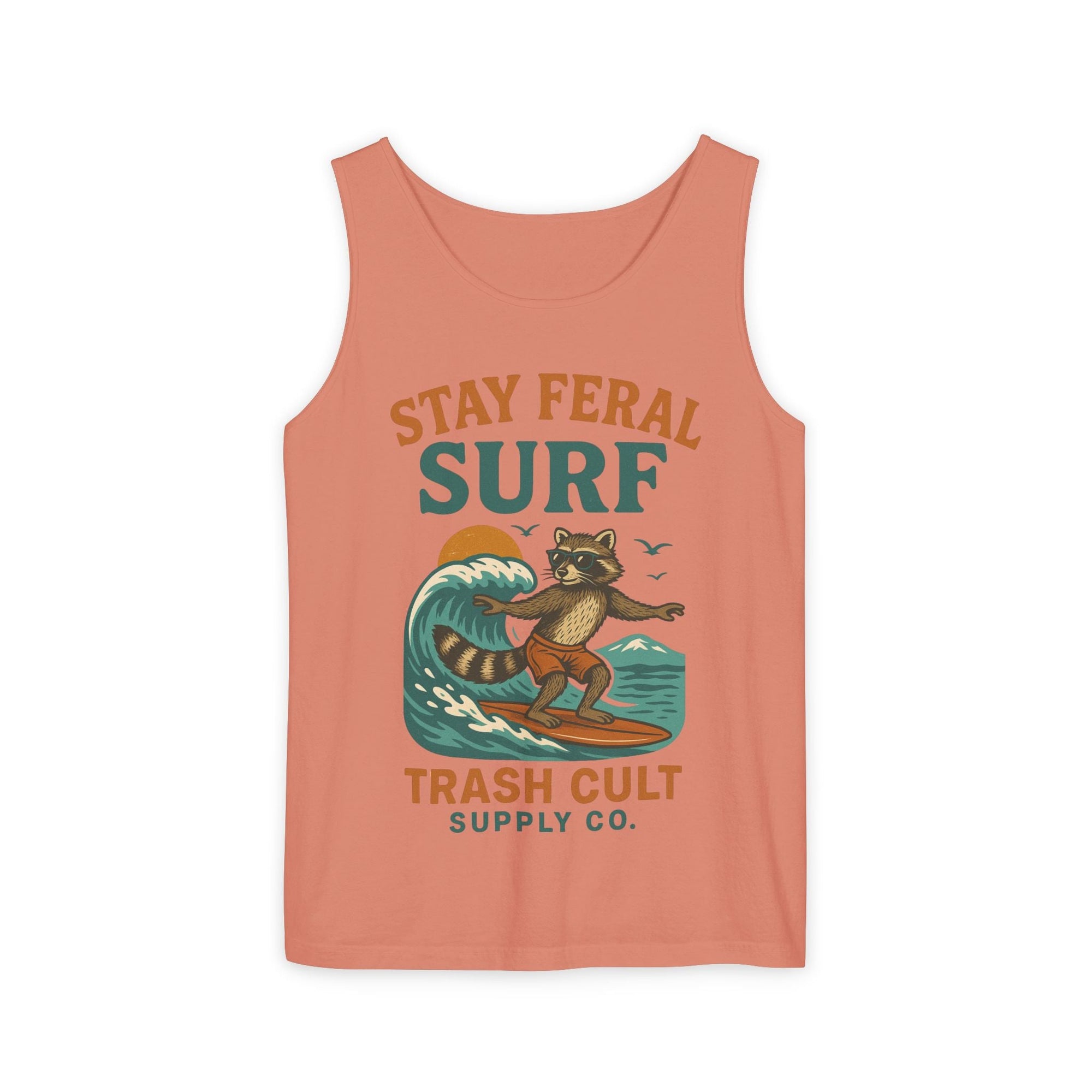 Stay Feral Surf Tank Top – Retro Raccoon Beach Tank – Trash Cult Supply Co – Comfort Colors 9360