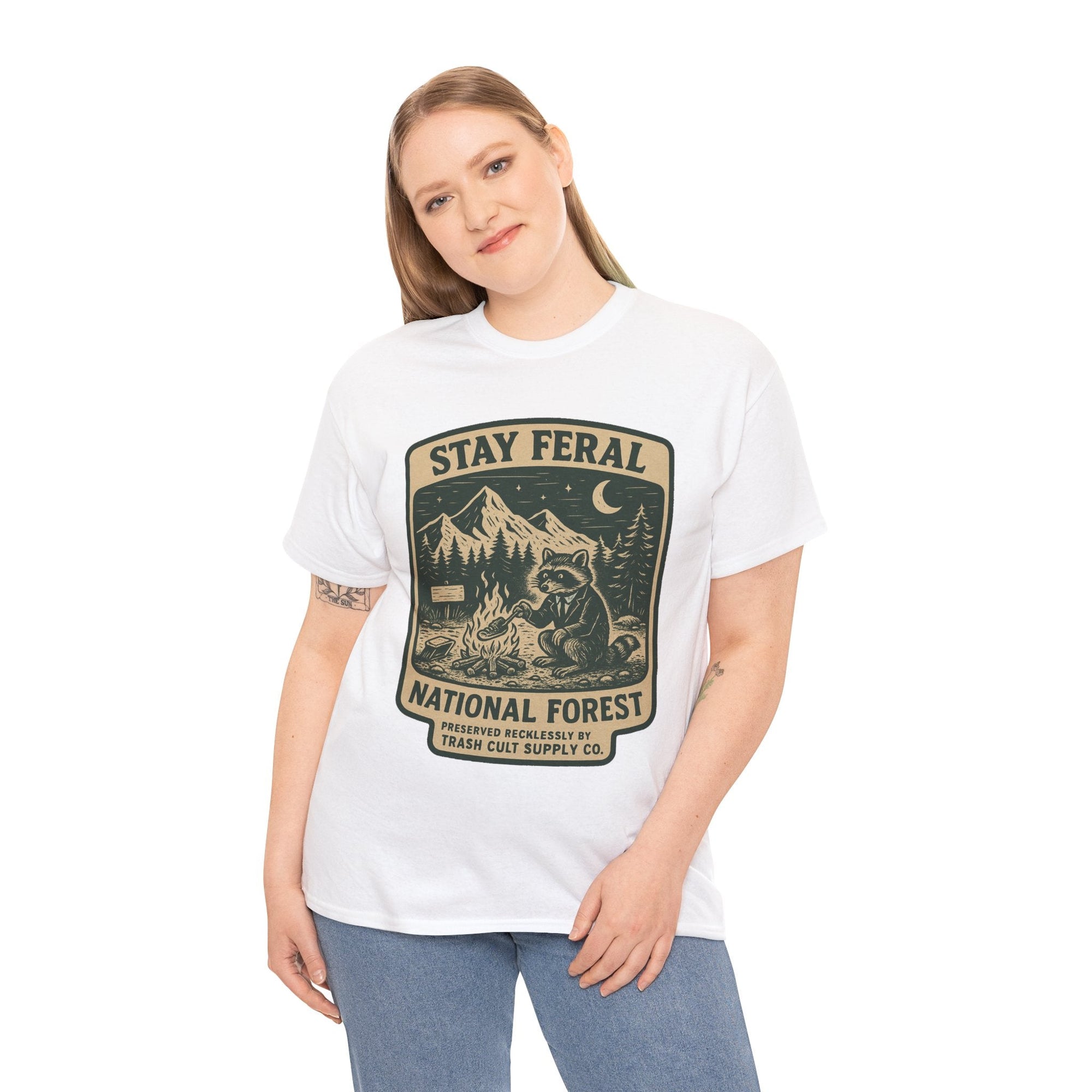 Stay Feral National Forest Shirt – Vintage Raccoon Camping Tee – Trash Cult Supply Co – Gildan 5000