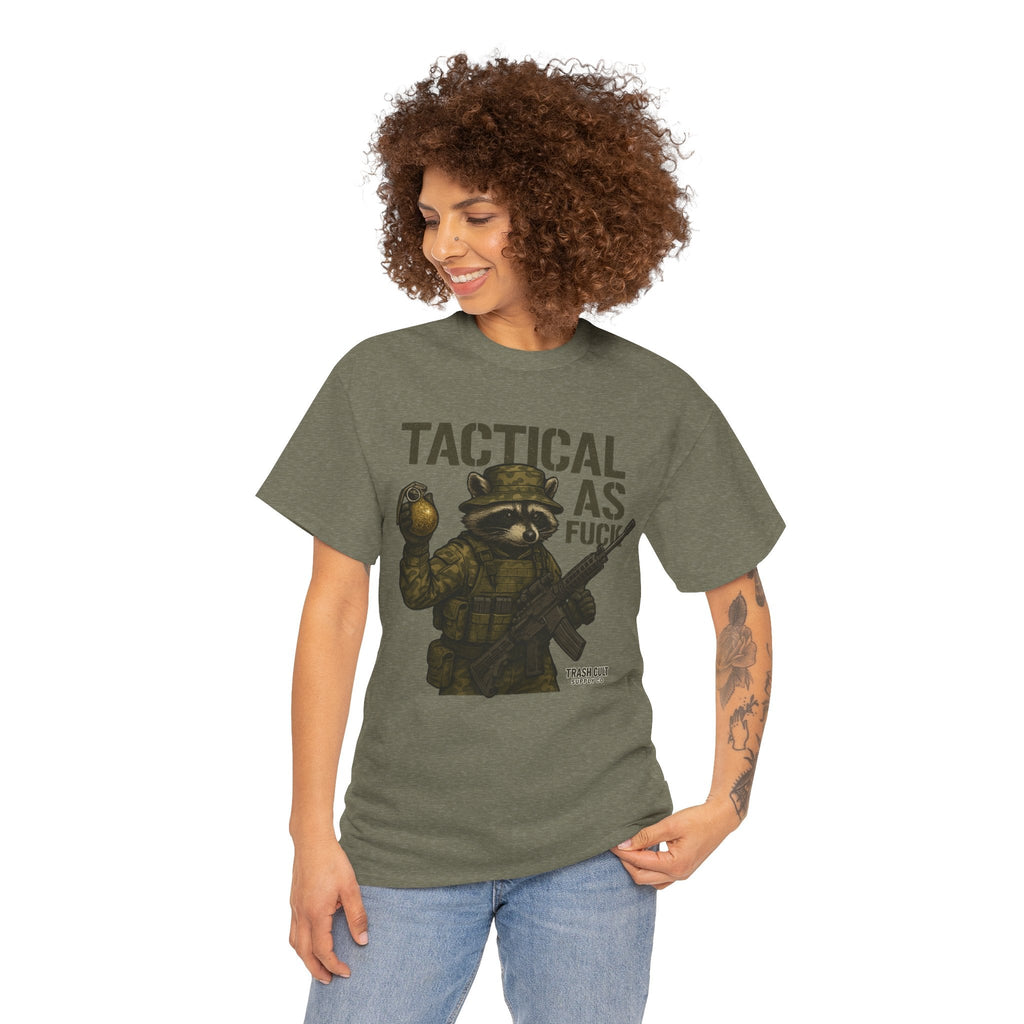 Tactical As F*** T-Shirt – Armed Raccoon Military Humor Tee | Trash Cult Supply Co. | Gildan 5000 Heavy Cotton