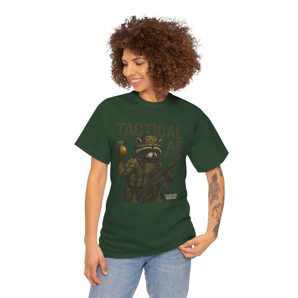 Tactical As F*** T-Shirt – Armed Raccoon Military Humor Tee | Trash Cult Supply Co. | Gildan 5000 Heavy Cotton