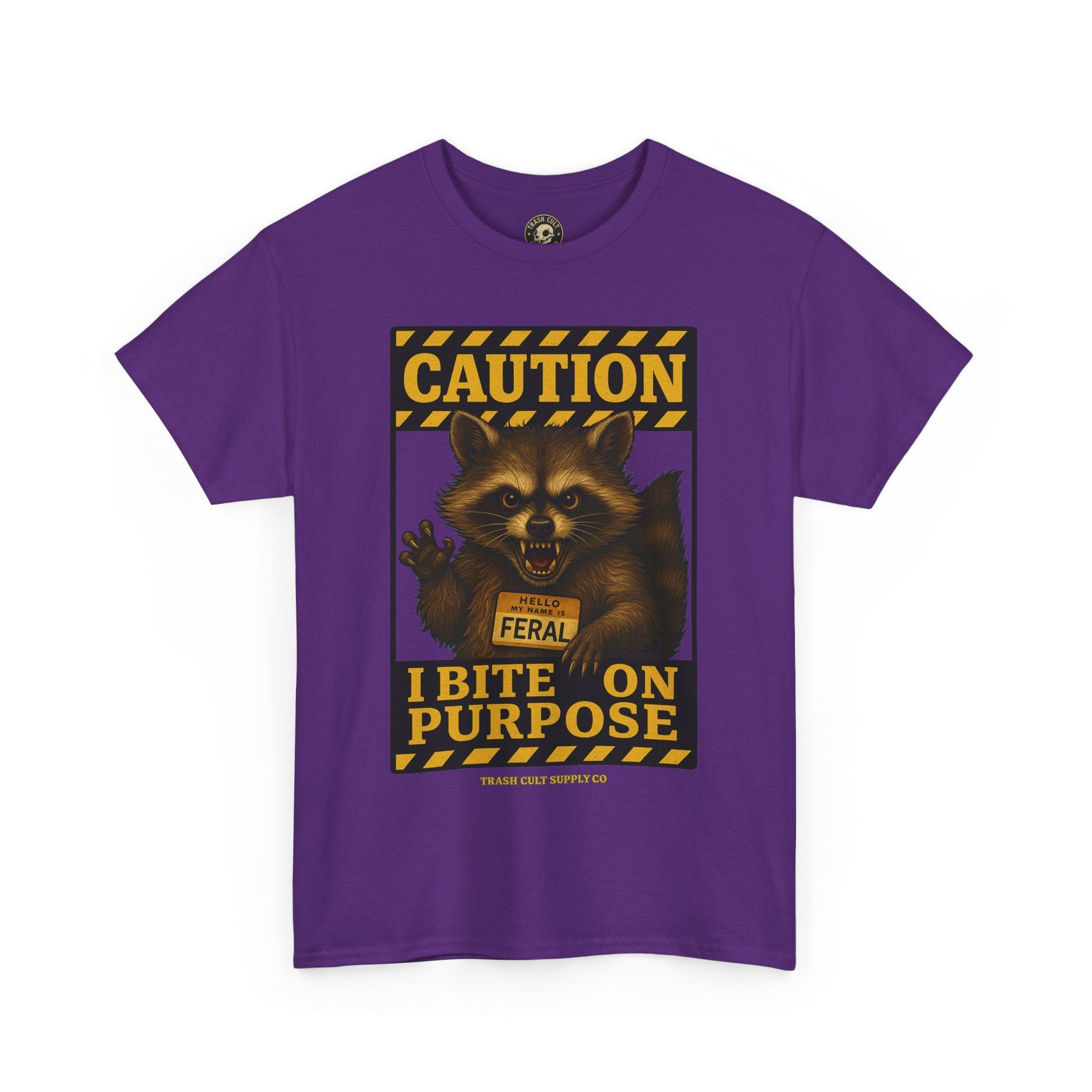I Bite On Purpose Raccoon Warning T-Shirt – Caution Sign Style | Trash Cult Supply Co | Gildan 5000