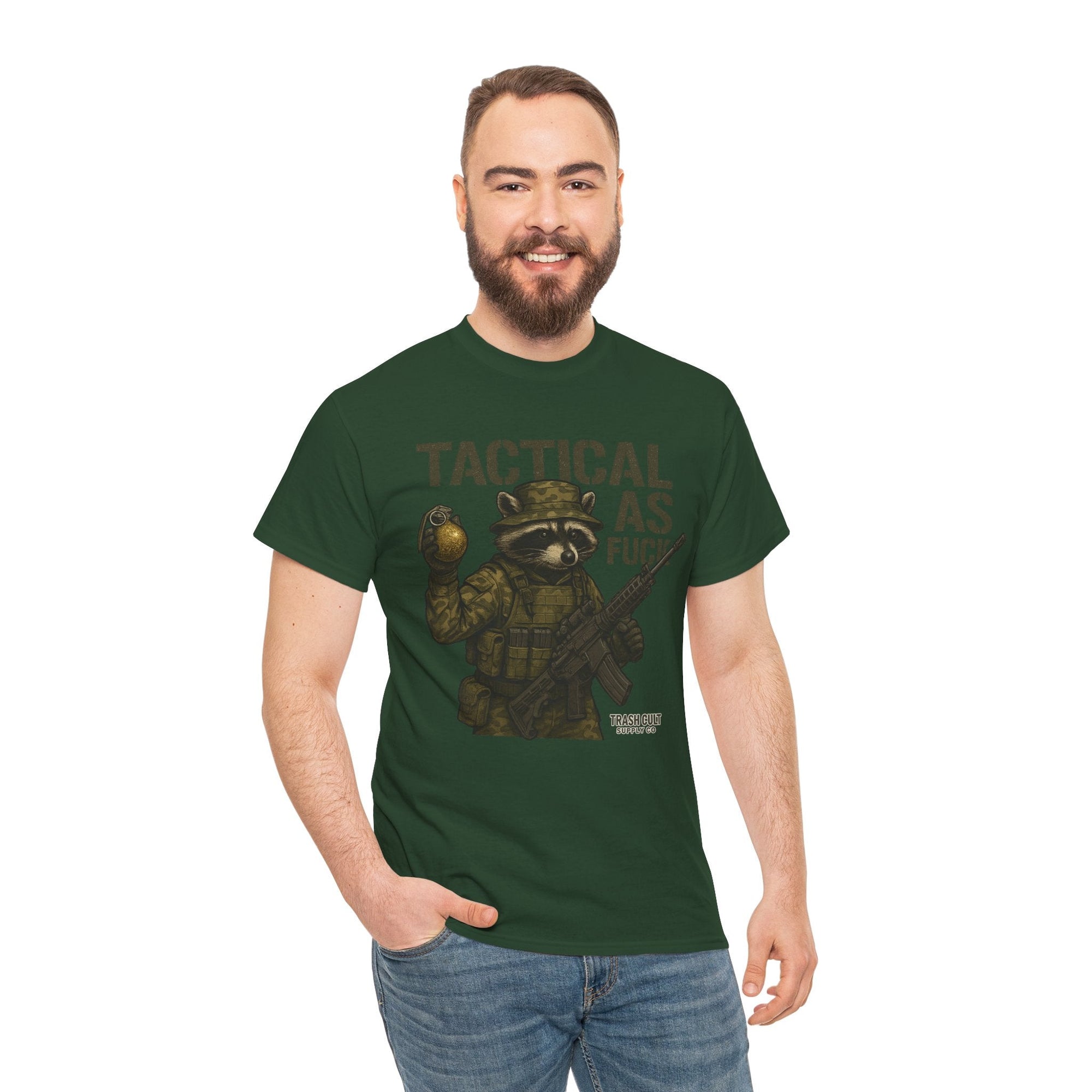 Tactical As F*** T-Shirt – Armed Raccoon Military Humor Tee | Trash Cult Supply Co. | Gildan 5000 Heavy Cotton