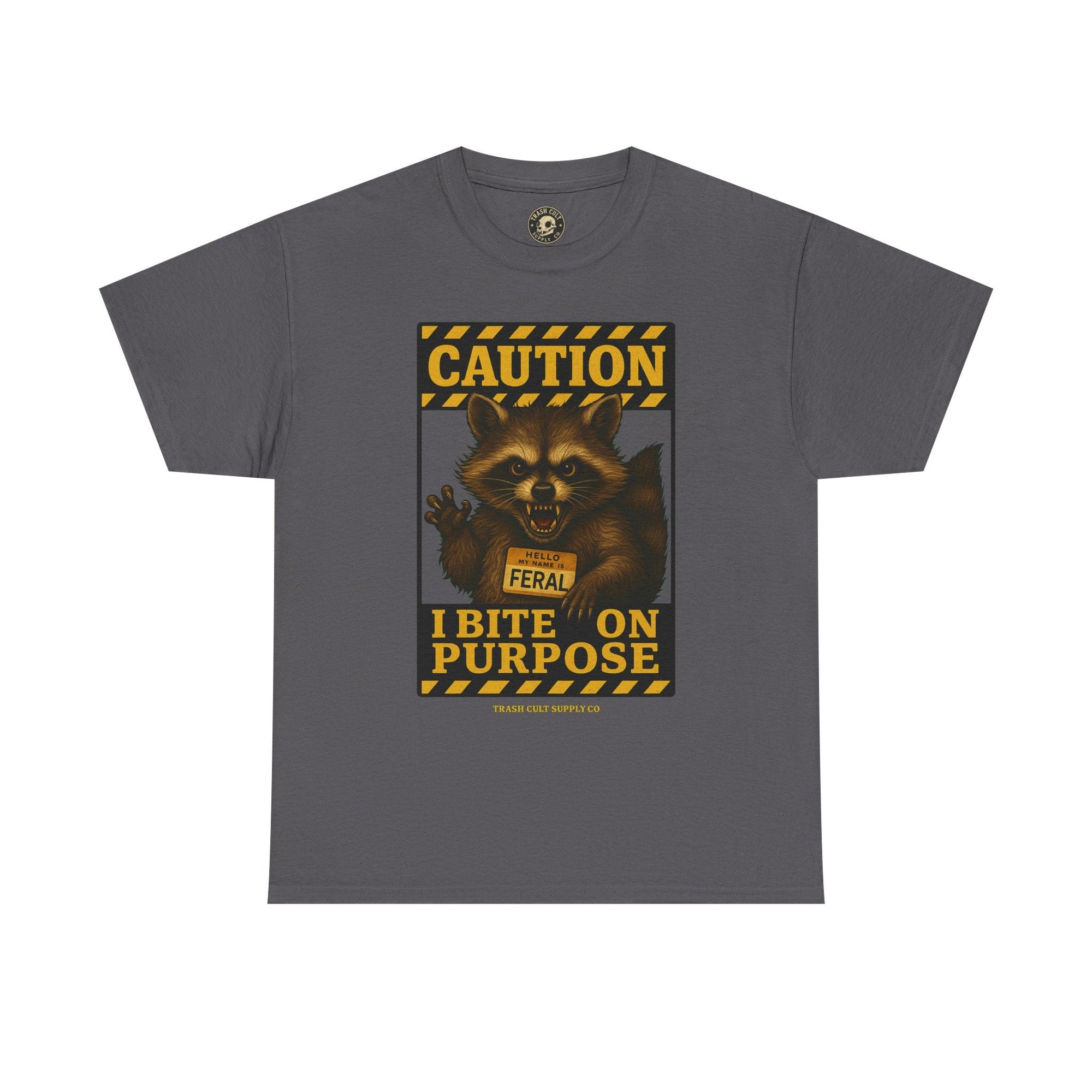 I Bite On Purpose Raccoon Warning T-Shirt – Caution Sign Style | Trash Cult Supply Co | Gildan 5000