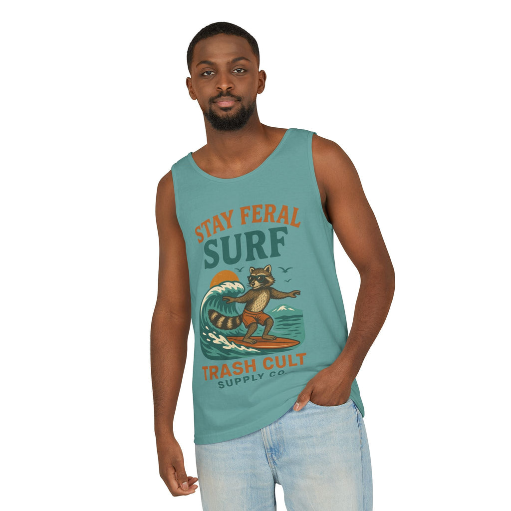 Stay Feral Surf Tank Top – Retro Raccoon Beach Tank – Trash Cult Supply Co – Comfort Colors 9360