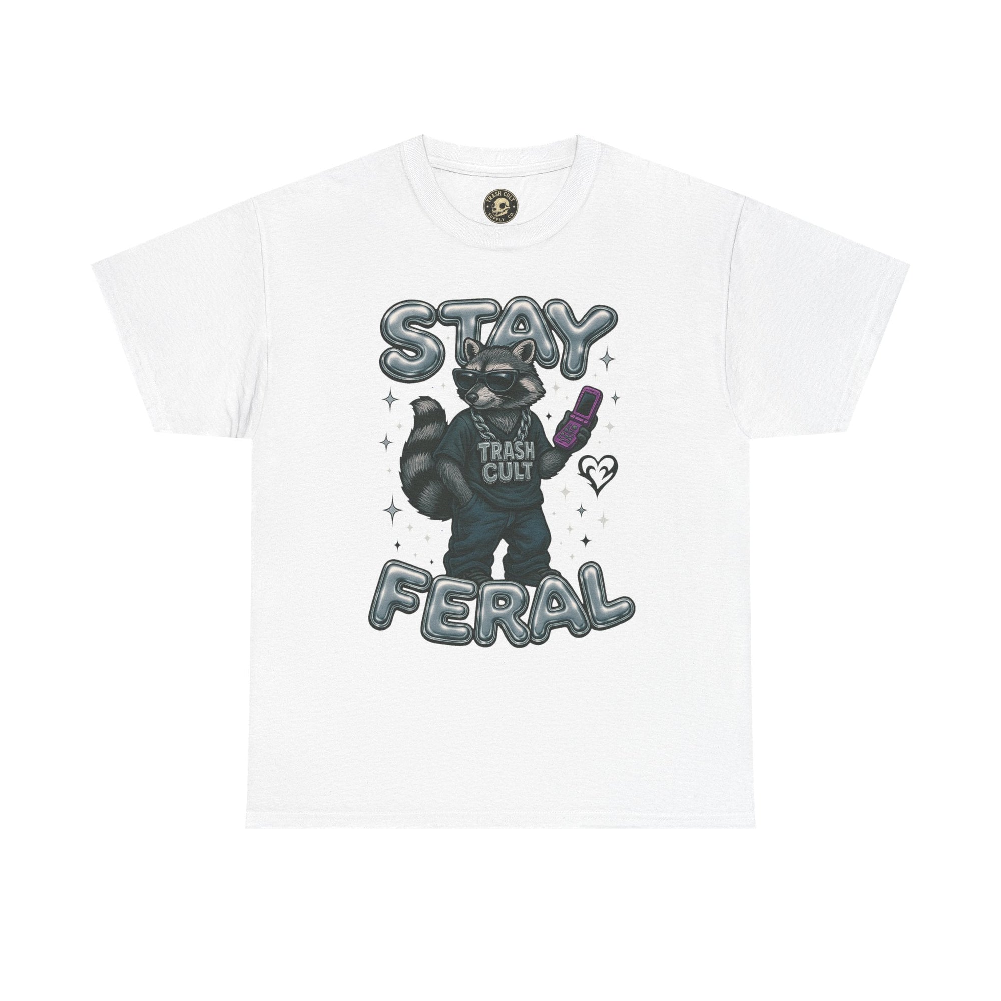 Stay Feral Chrome Raccoon Tee – Y2K Streetwear Trash Cult Shirt