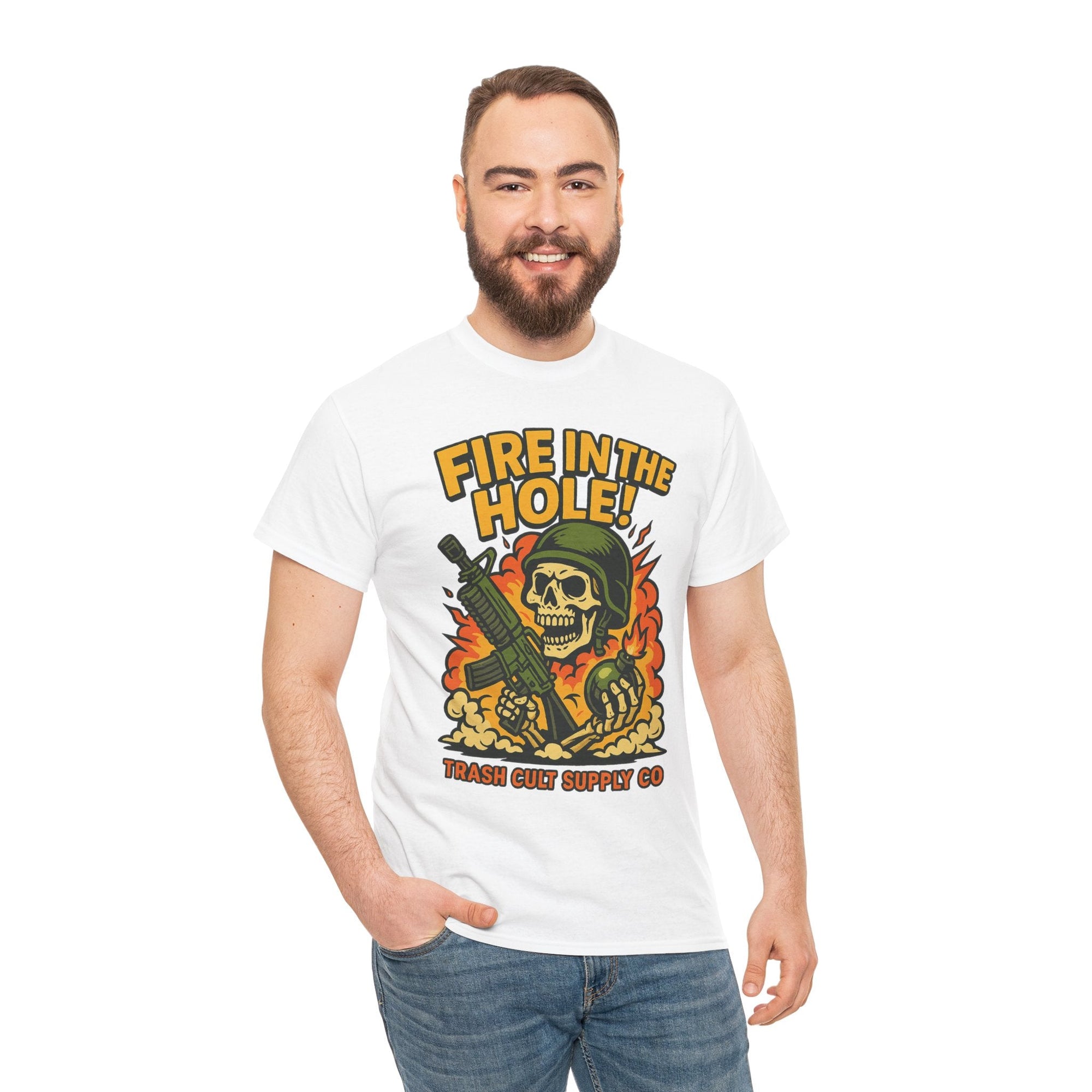 Fire in the Hole! Skeleton Soldier T-Shirt – Trash Cult Supply Co. | Gildan 5000 Combat Graphic Tee
