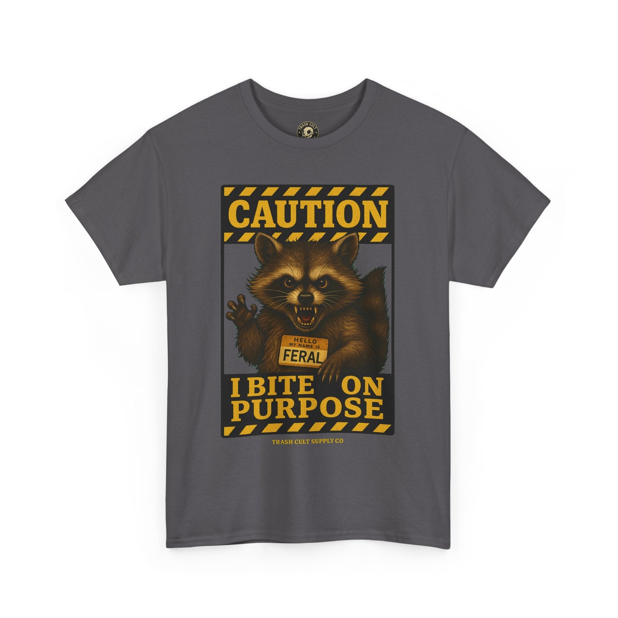 I Bite On Purpose Raccoon Warning T-Shirt – Caution Sign Style | Trash Cult Supply Co | Gildan 5000