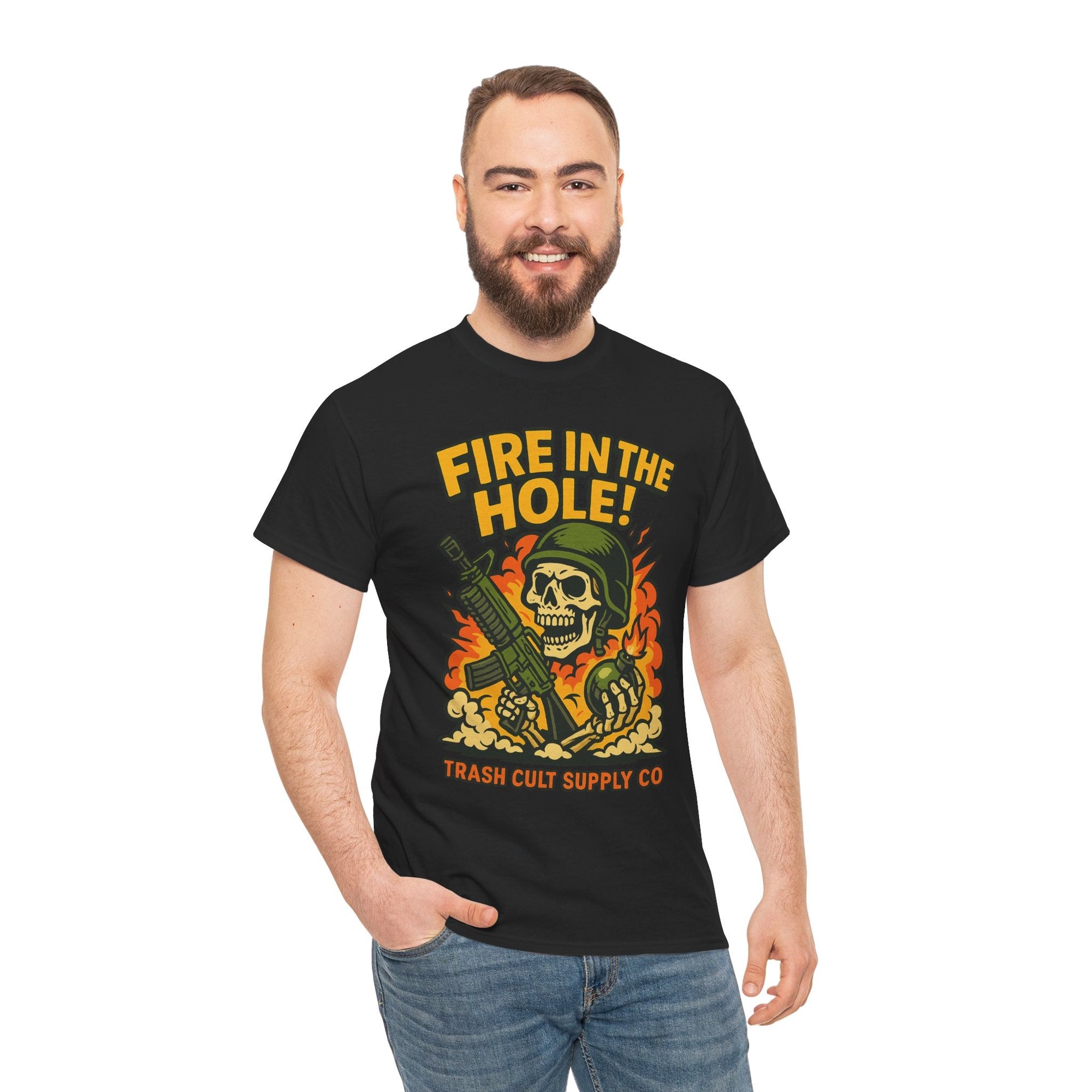Fire in the Hole! Skeleton Soldier T-Shirt – Trash Cult Supply Co. | Gildan 5000 Combat Graphic Tee
