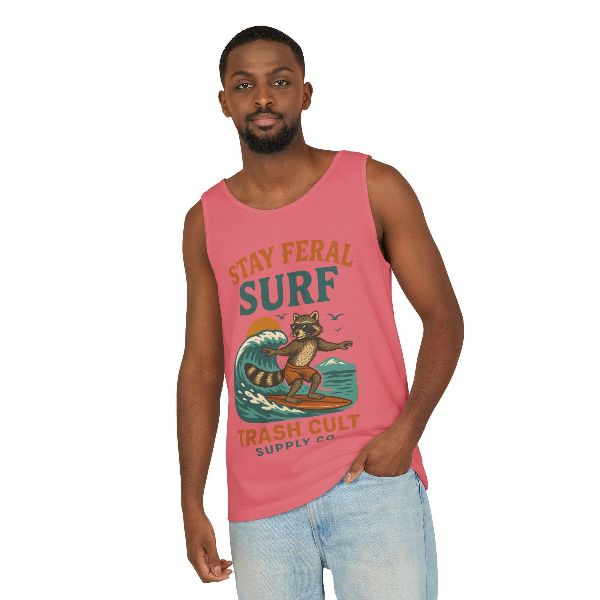 Stay Feral Surf Tank Top – Retro Raccoon Beach Tank – Trash Cult Supply Co – Comfort Colors 9360
